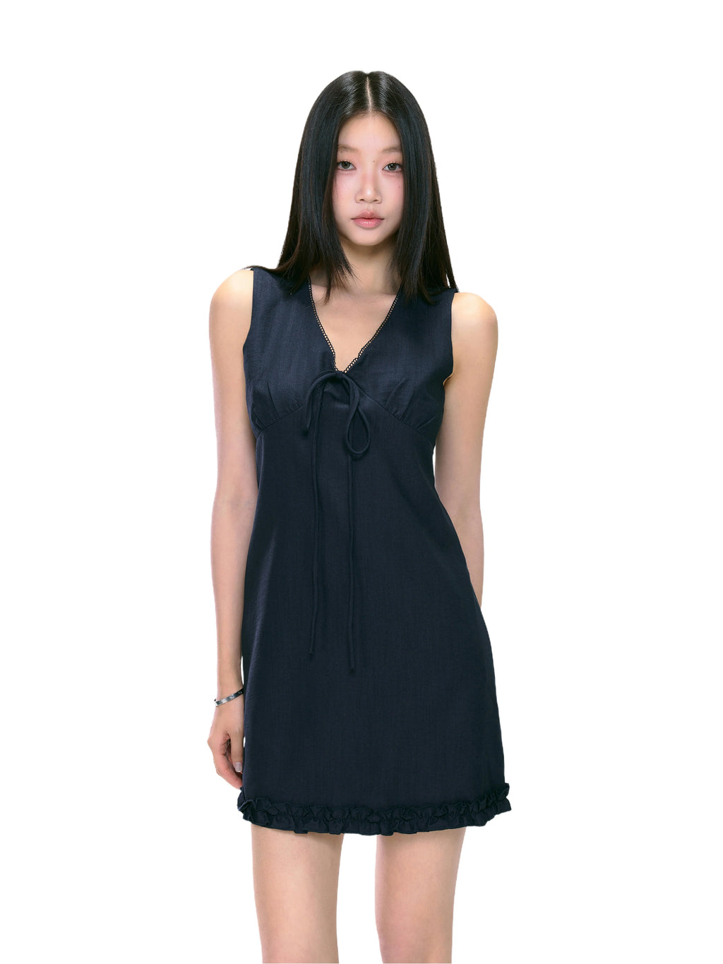 Sleeveless V-Neck Tie Ruffle Hem Mini Dress