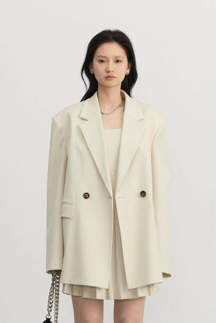 Pinstripe Texture Oversized Blazer and Pleated Dress Set