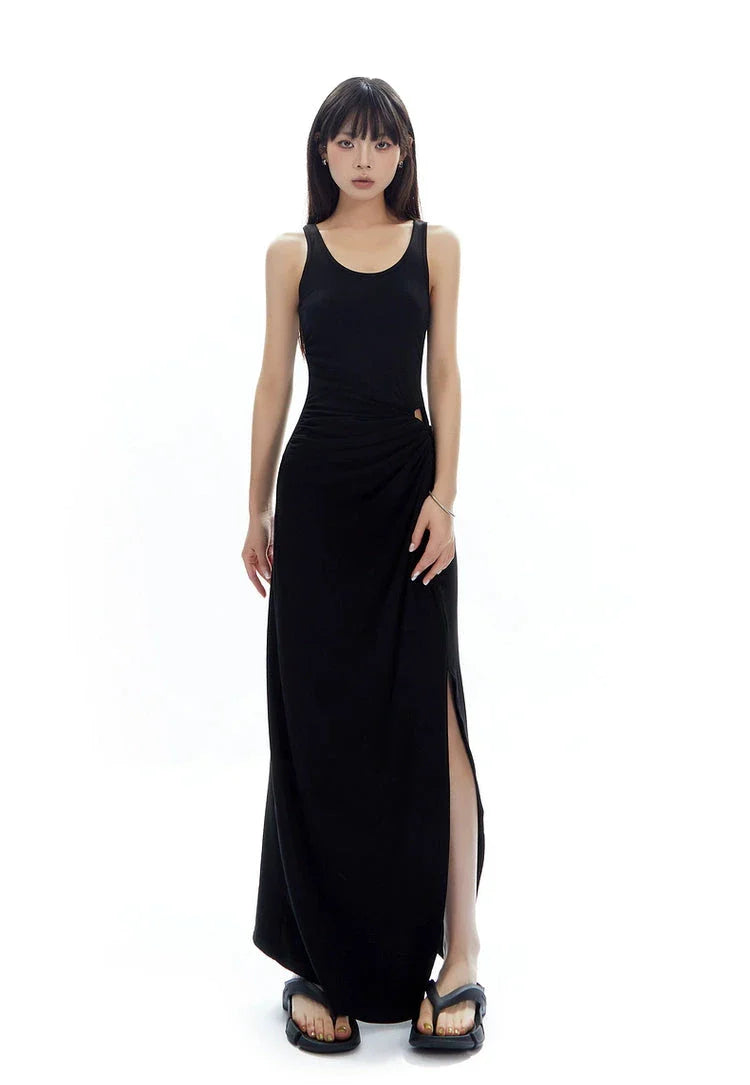Sleeveless Scoop Neck Maxi Dress with Side Slit and Cut-Out Detail