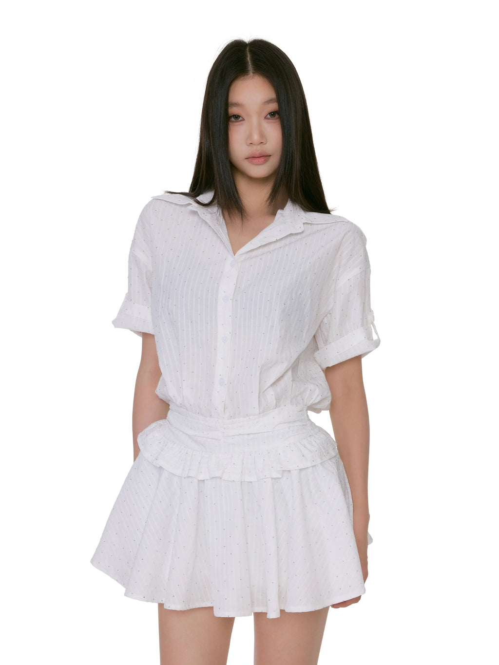Textured Button-Up Mini Dress Shirt With Ruffle Trim