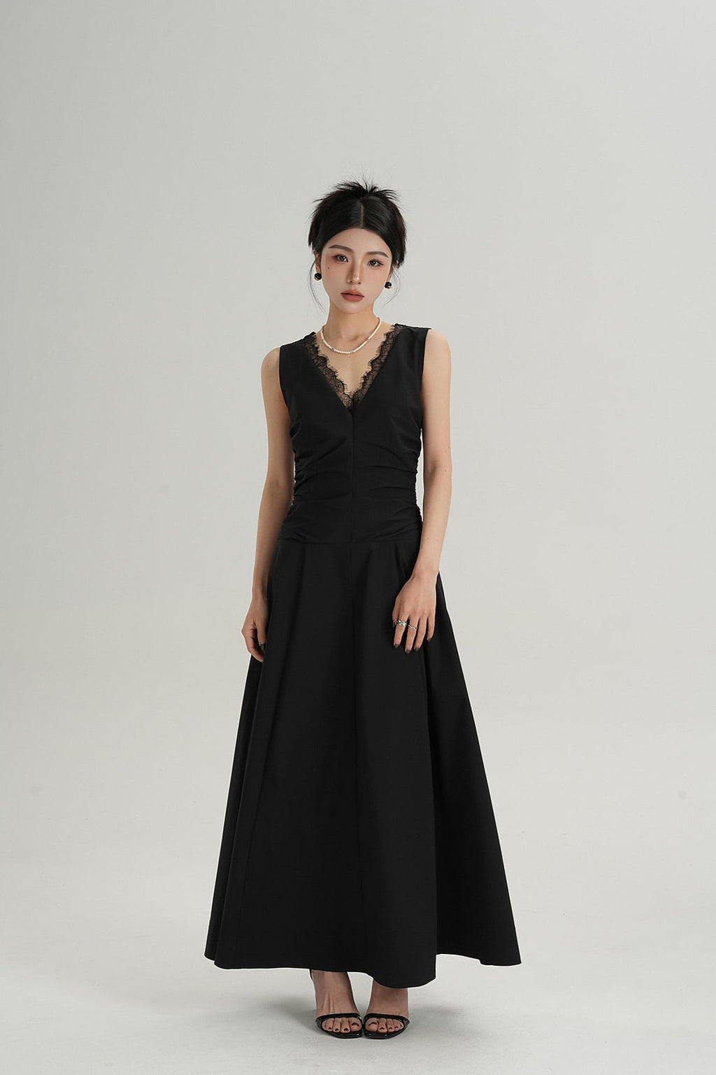 Sleeveless V-Neck Maxi Dress with Lace Back and Ruched Waist