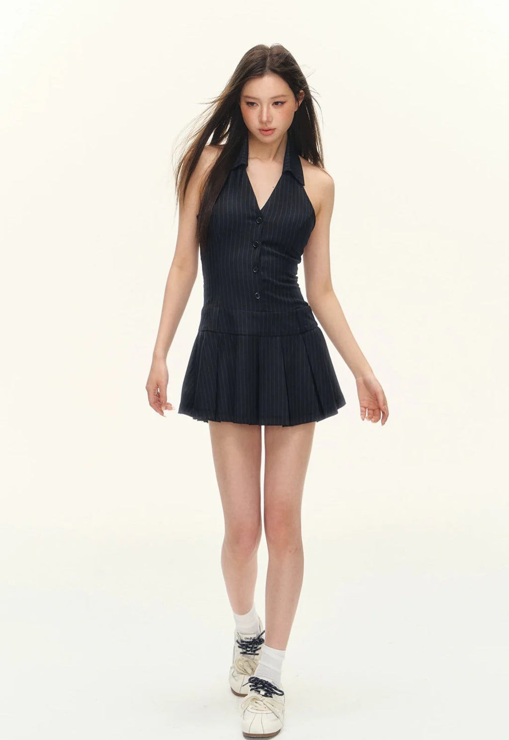 Pinstripe Halter Neck Button Front Pleated Mini Dress