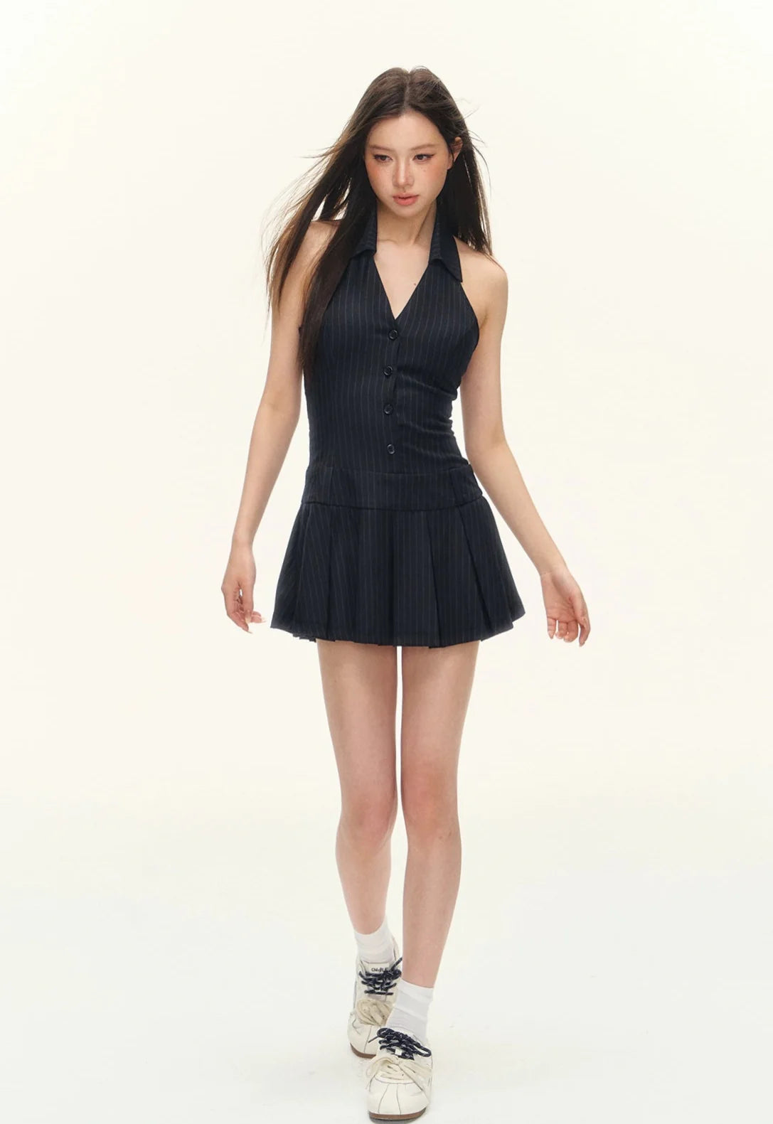 Pinstripe Halter Neck Button Front Pleated Mini Dress