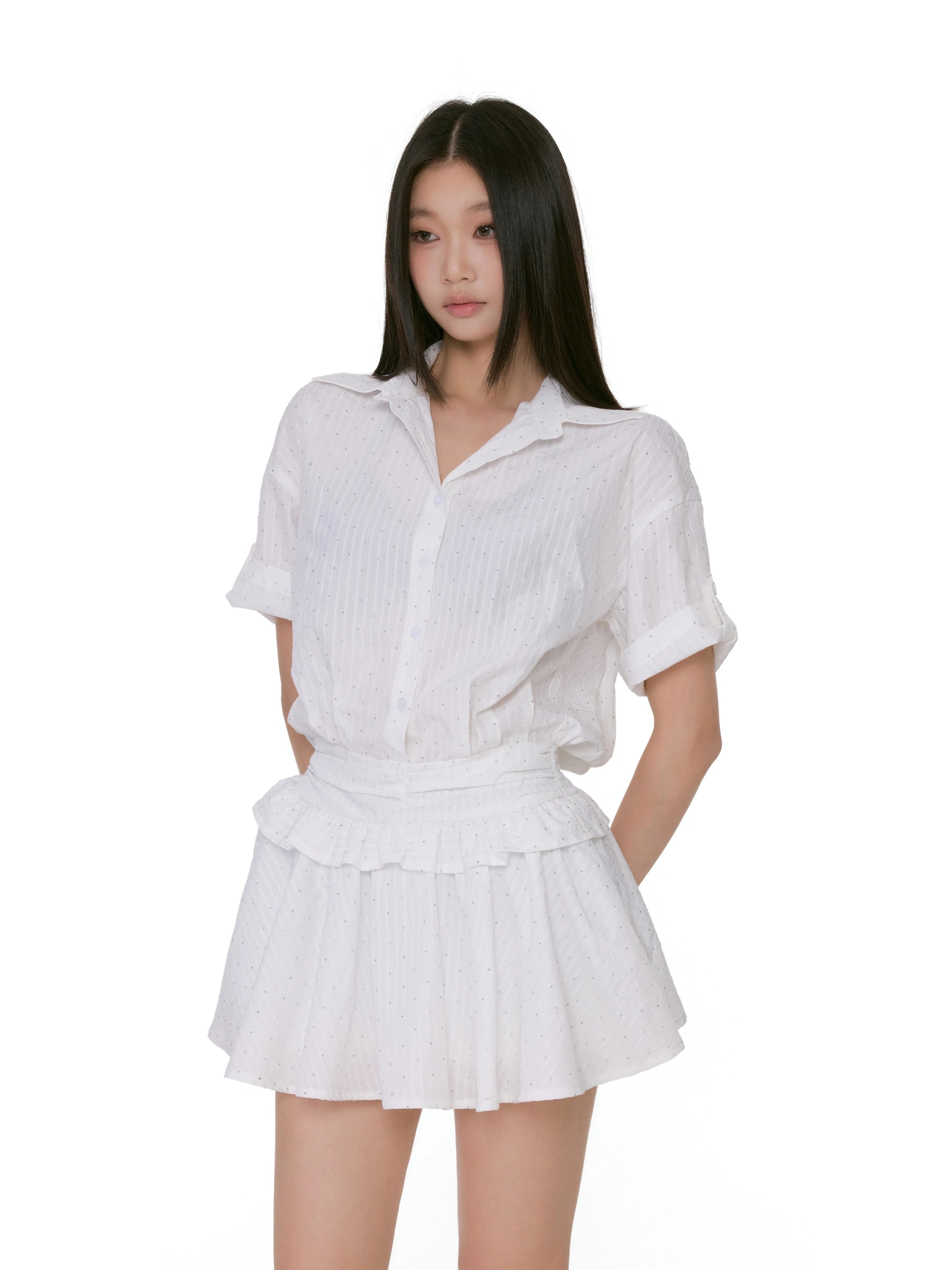 Textured Button-Up Mini Dress Shirt With Ruffle Trim