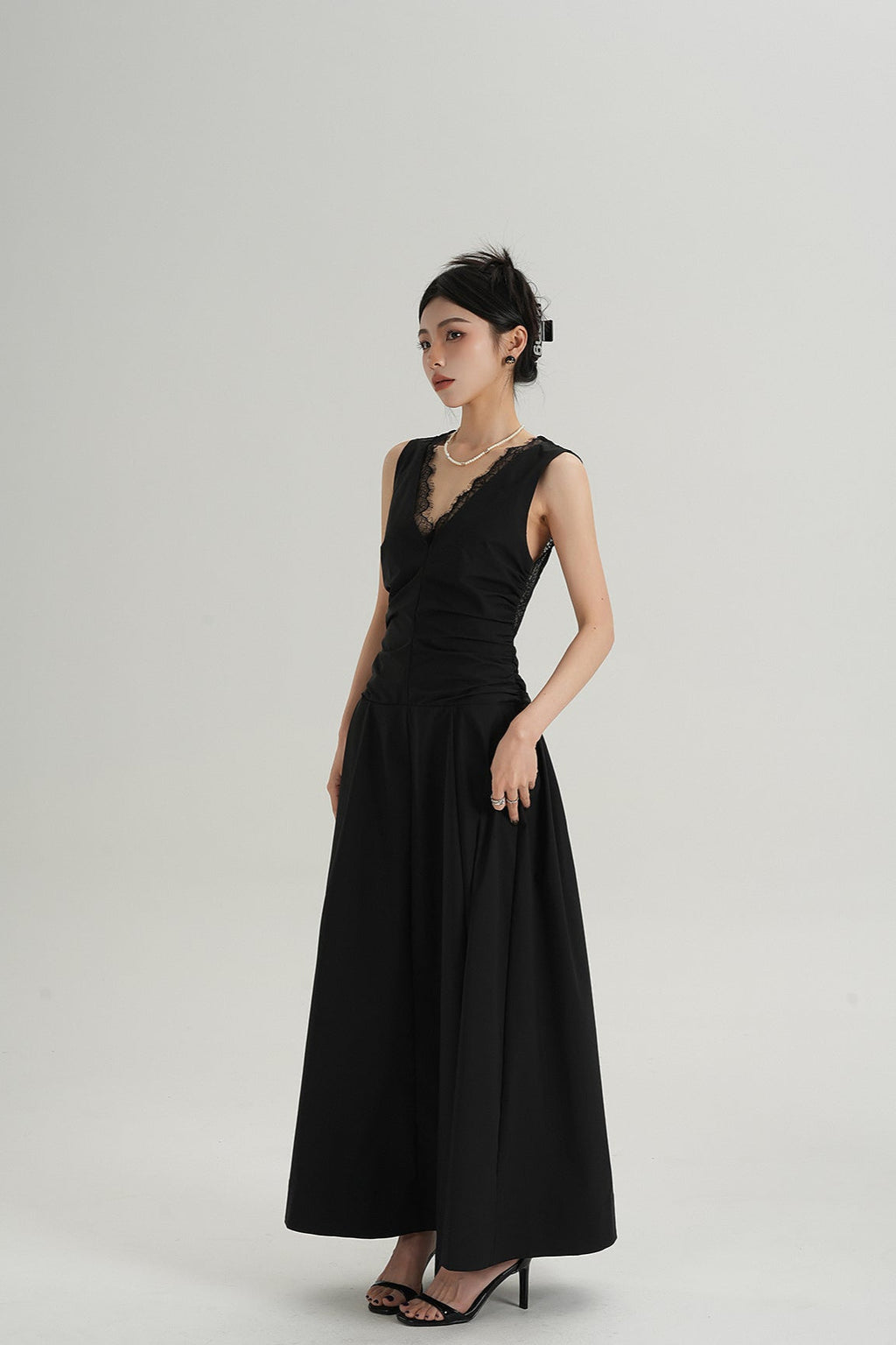 Sleeveless V-Neck Maxi Dress with Lace Back and Ruched Waist