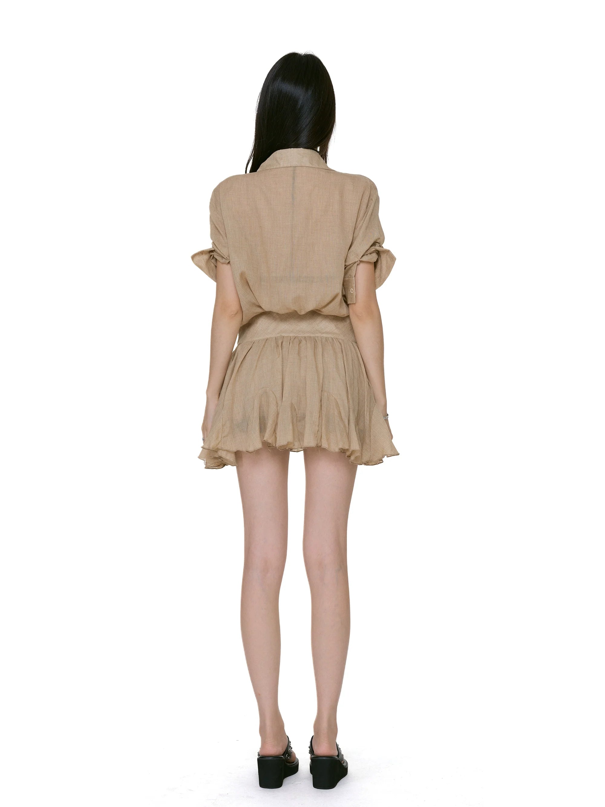 Collared Mini Shirt Dress with Gathered Waist and Flared Hem