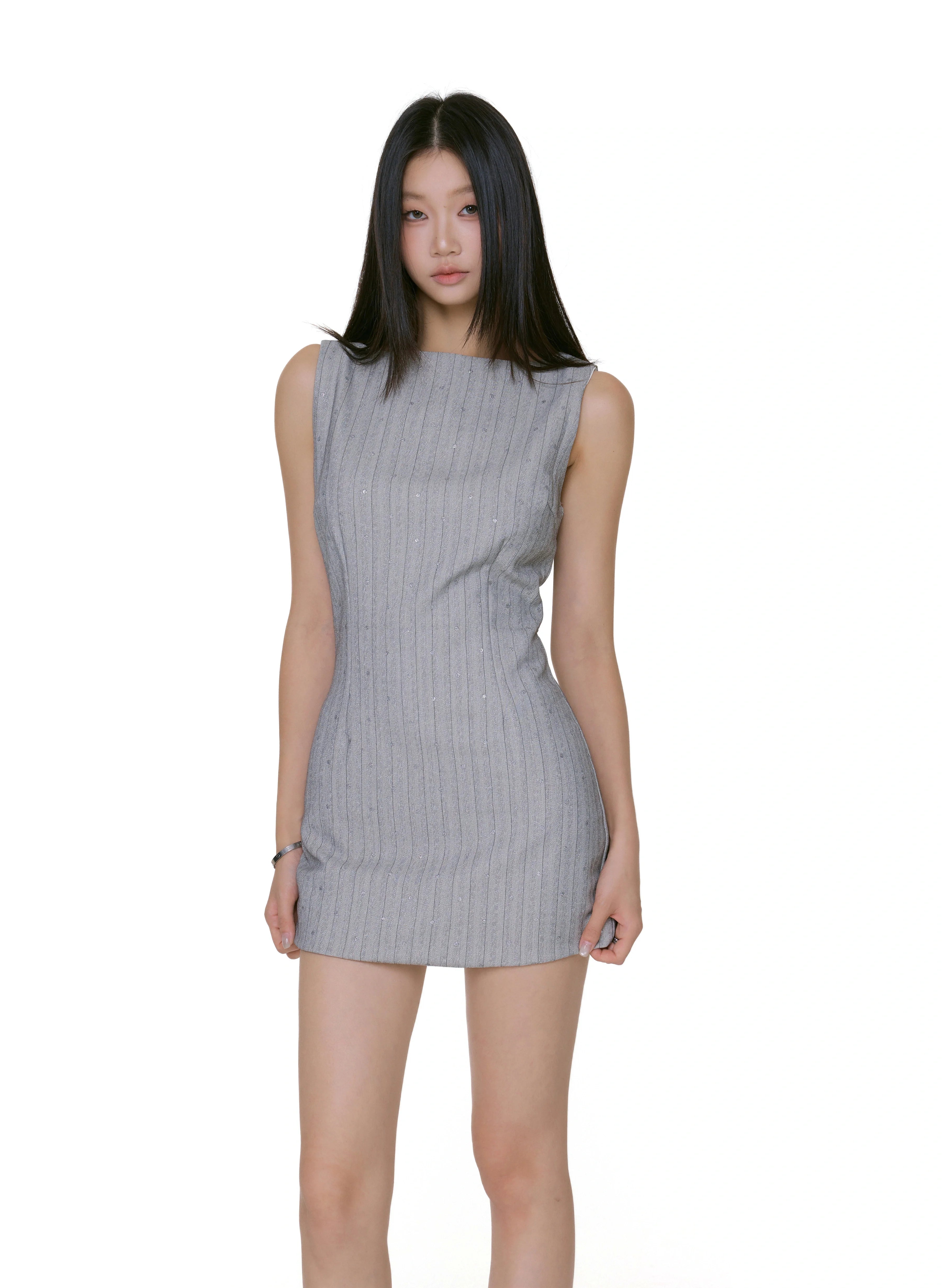 Textured Stripe Sleeveless Mini Dress with Studs