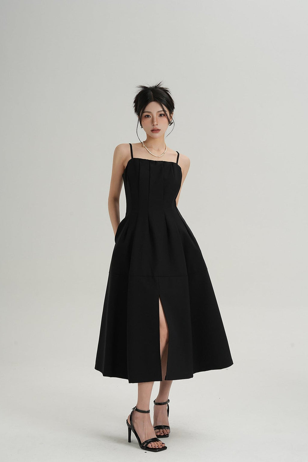 Pleated Spaghetti Strap Midi Dress with Front Slit