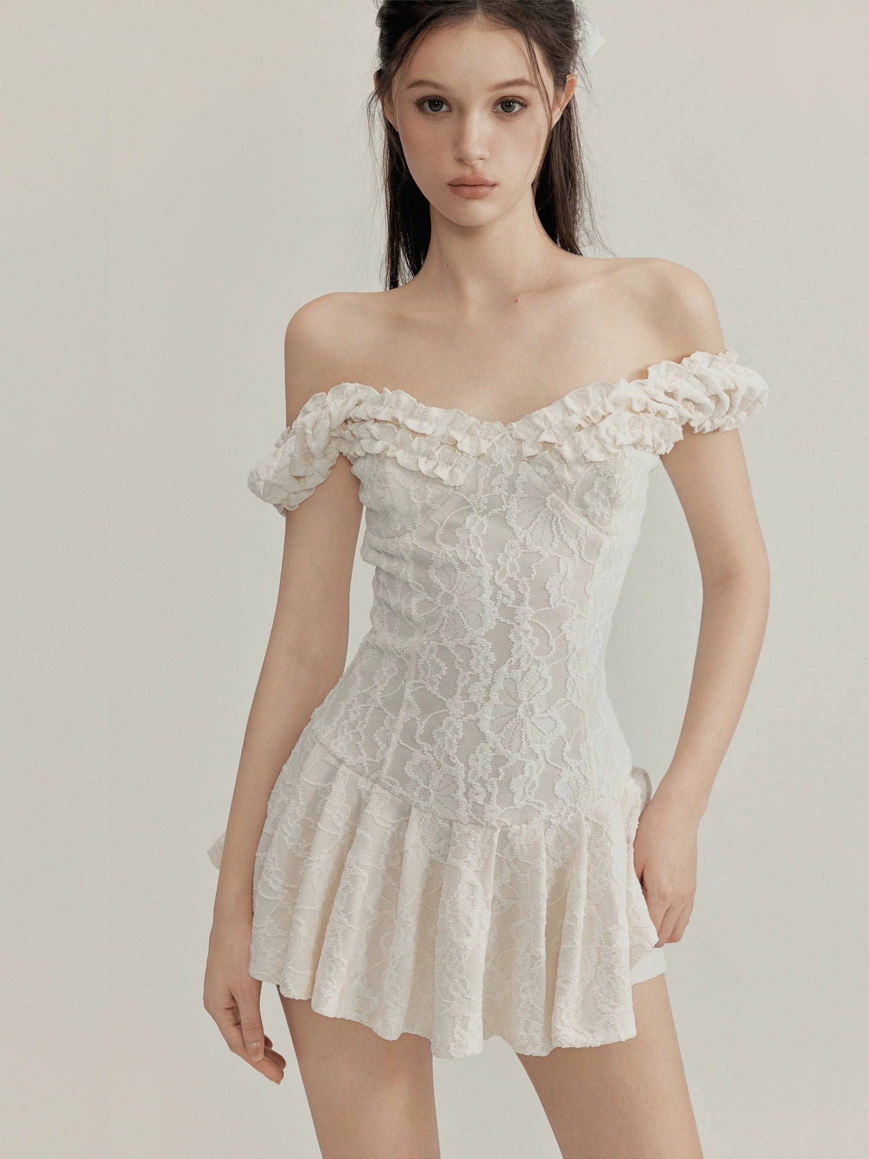 Ruffle Lace Off Shoulder Pleated Mini Dress