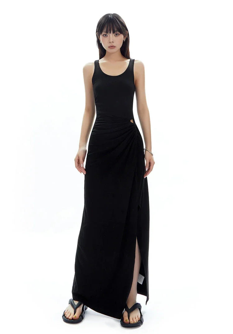 Sleeveless Scoop Neck Maxi Dress with Side Slit and Cut-Out Detail