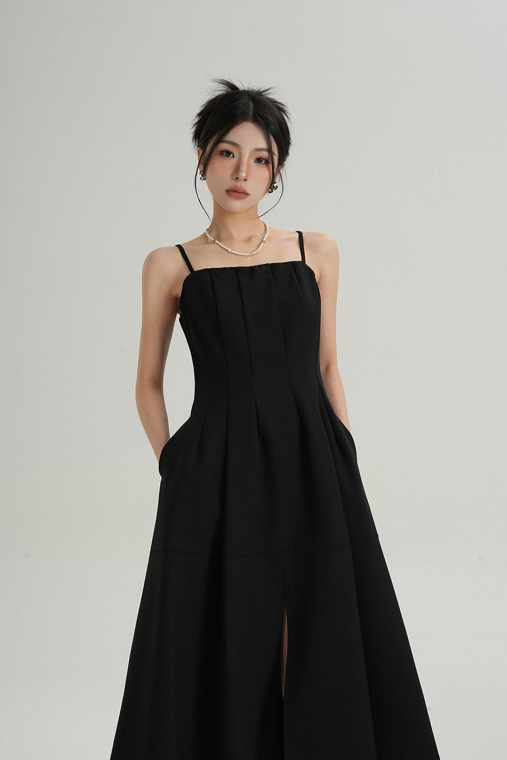 Pleated Spaghetti Strap Midi Dress with Front Slit