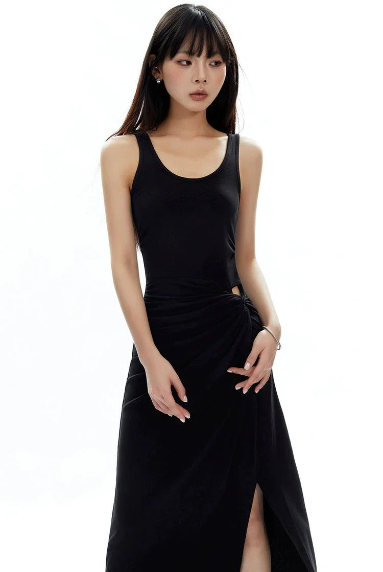 Sleeveless Scoop Neck Maxi Dress with Side Slit and Cut-Out Detail