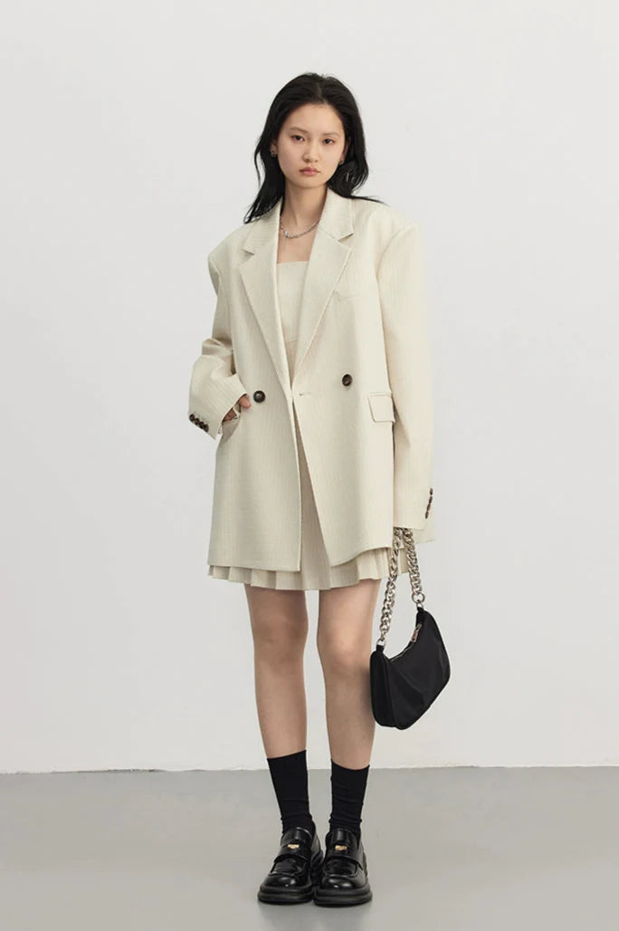 Pinstripe Texture Oversized Blazer and Pleated Dress Set