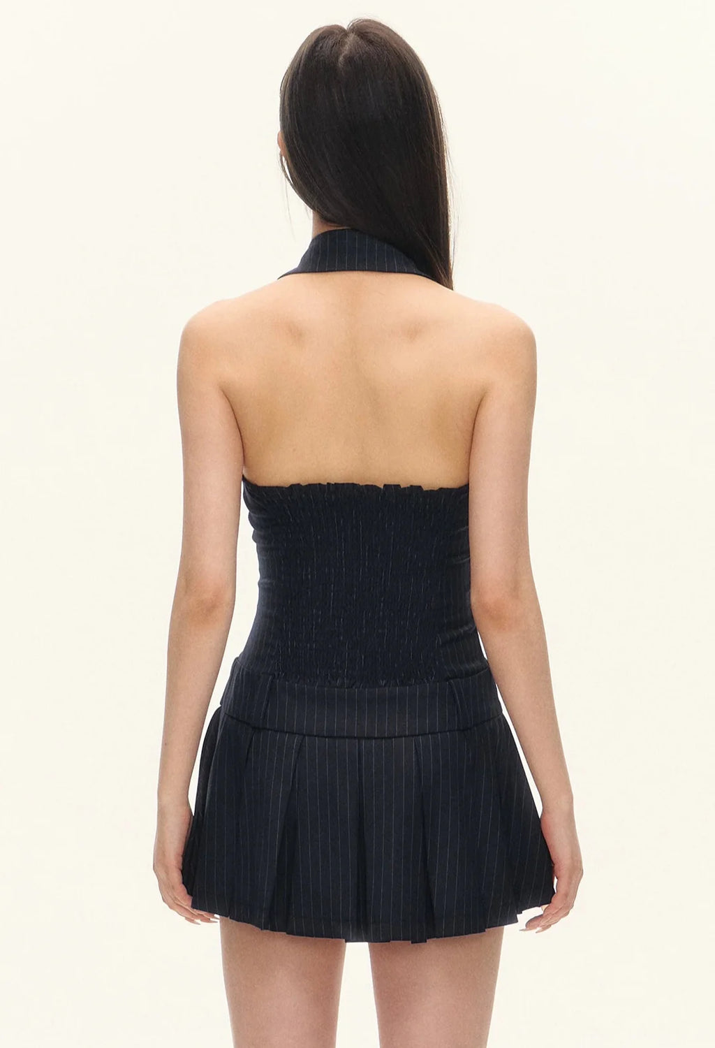 Pinstripe Halter Neck Button Front Pleated Mini Dress