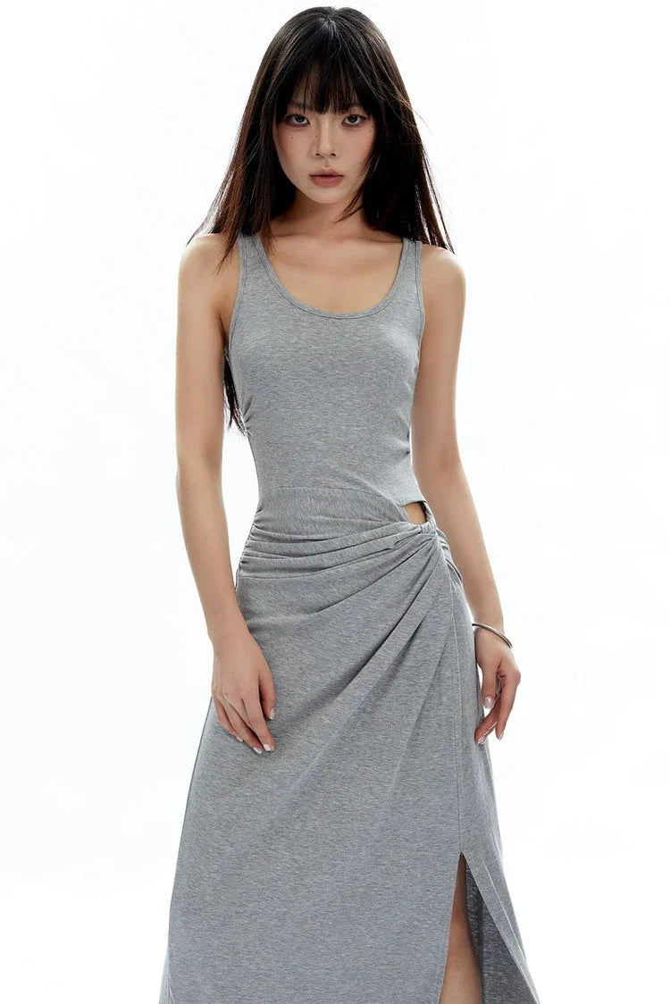 Sleeveless Scoop Neck Maxi Dress with Side Slit and Cut-Out Detail