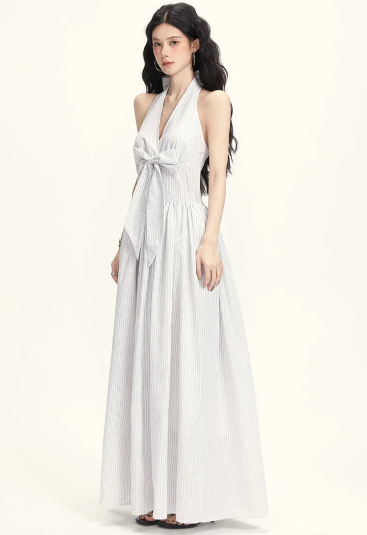 Striped Halter Neck Maxi Dress with Bow Tie Detail