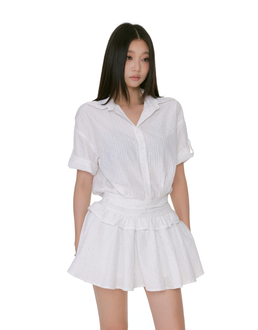 Textured Button-Up Mini Dress Shirt With Ruffle Trim