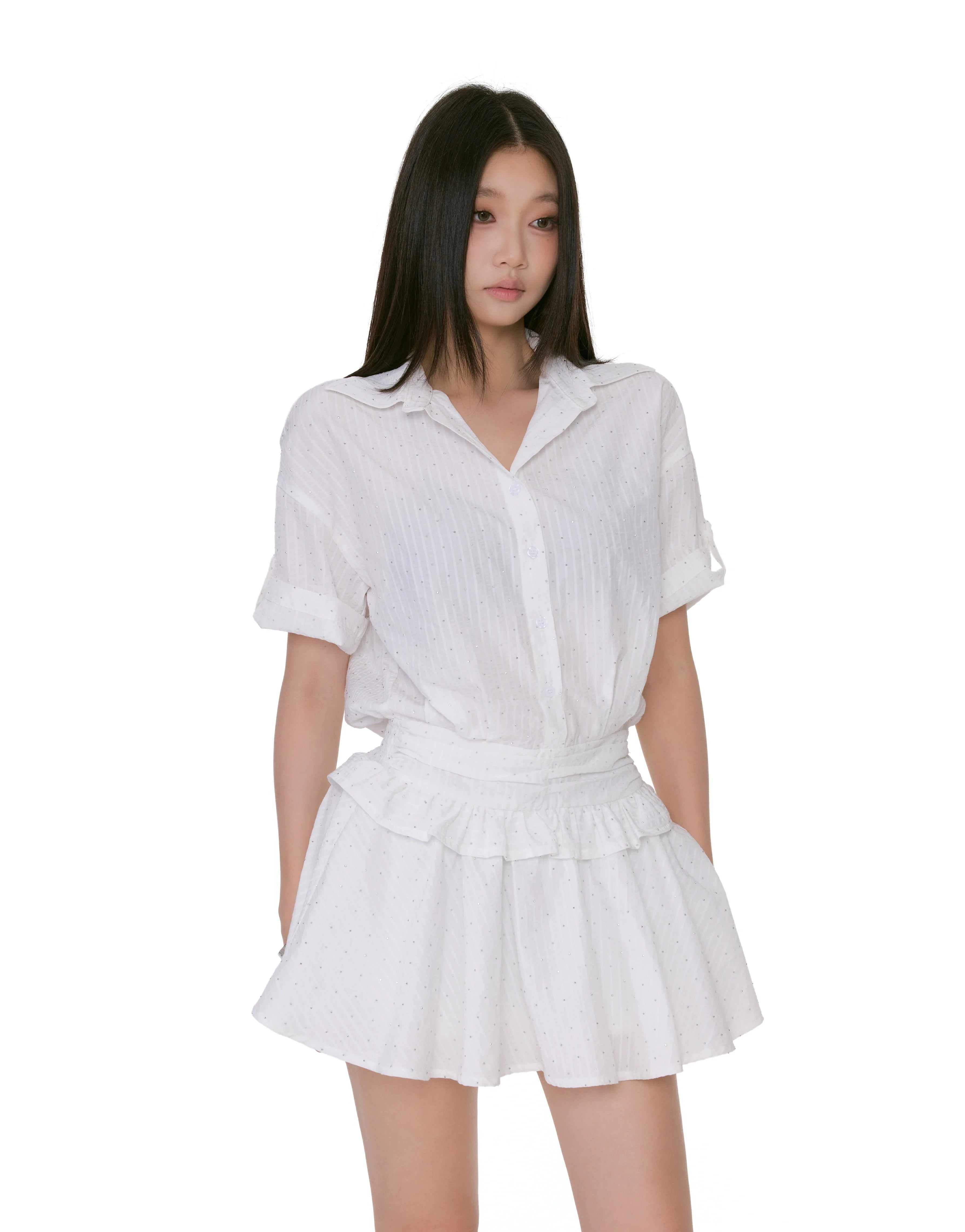 Textured Button-Up Mini Dress Shirt With Ruffle Trim