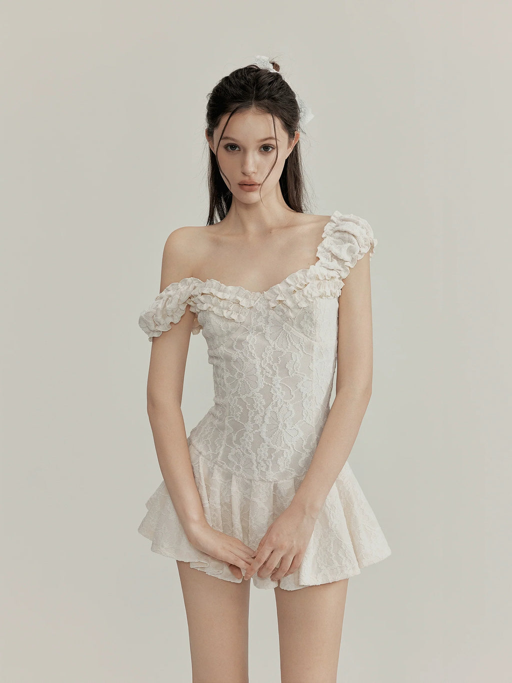 Ruffle Lace Off Shoulder Pleated Mini Dress