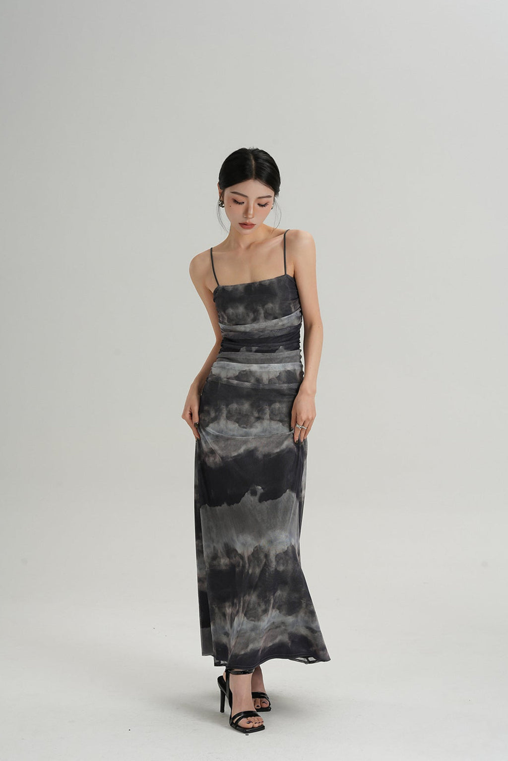 Spaghetti Strap Ruched Tie-Dye Maxi Dress