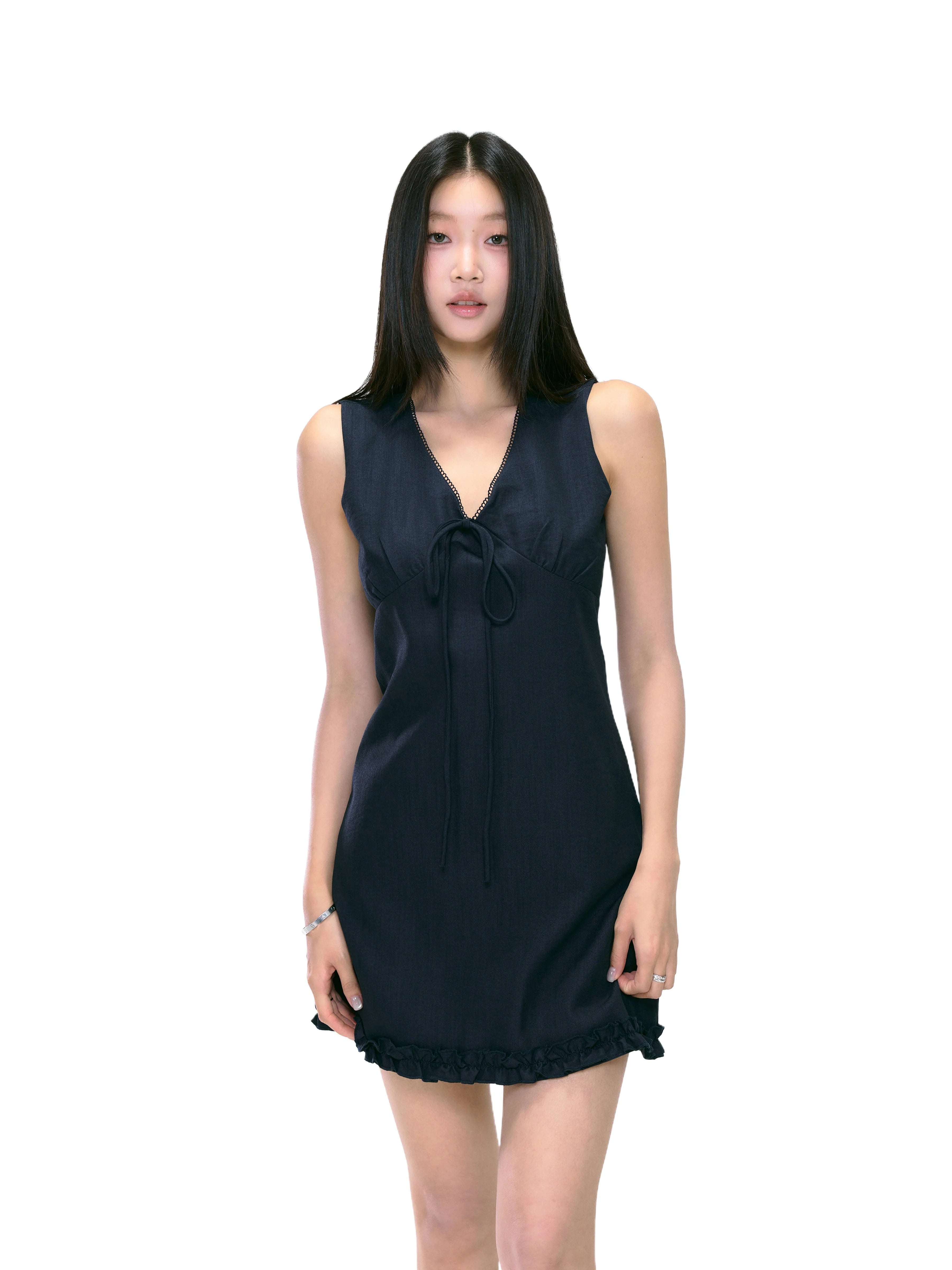 Sleeveless V-Neck Tie Ruffle Hem Mini Dress