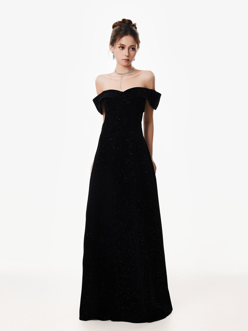 Off-Shoulder Velvet Sparkle Evening Dress with Sequin Detail