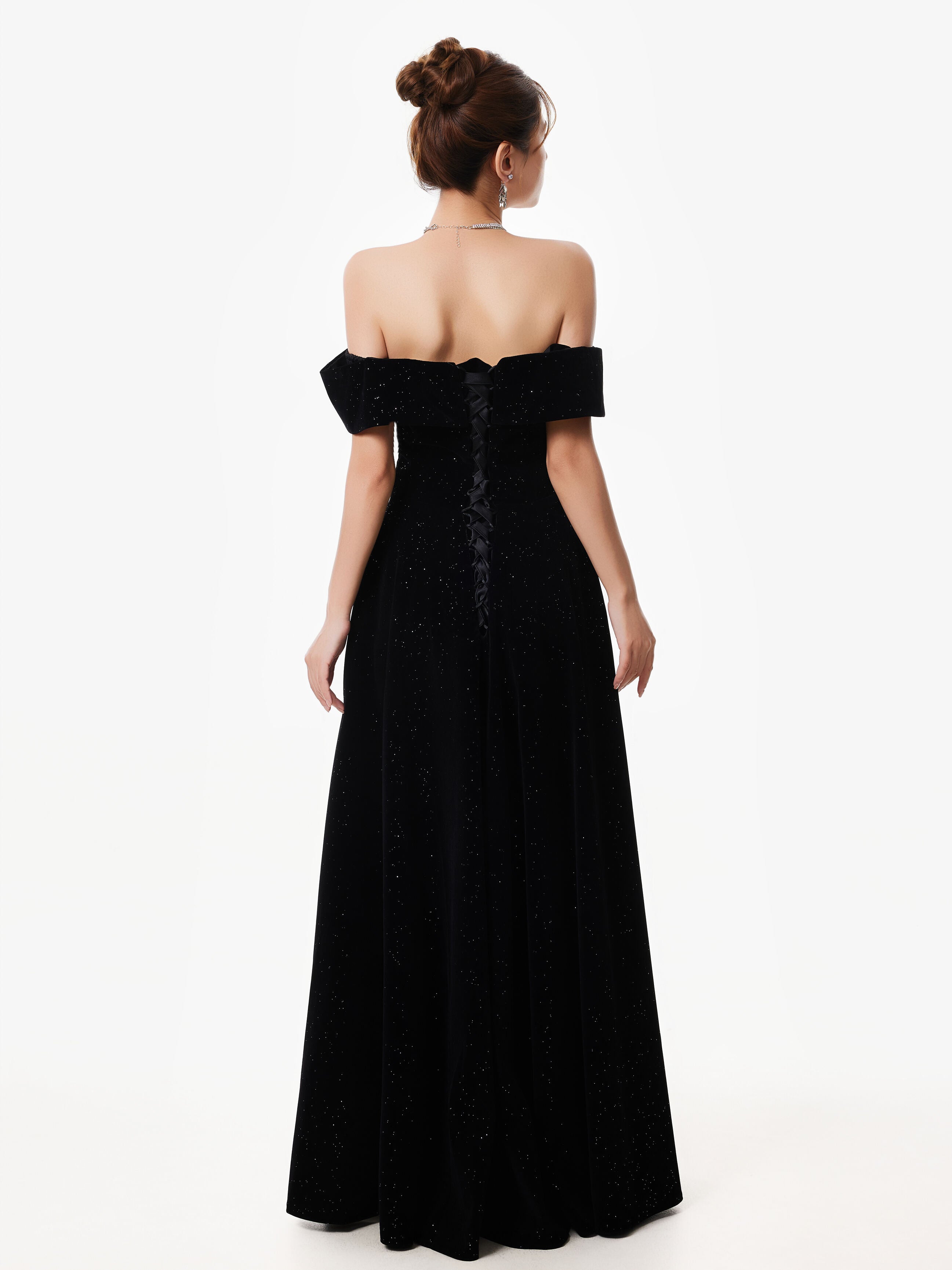 Off-Shoulder Velvet Sparkle Evening Dress with Sequin Detail