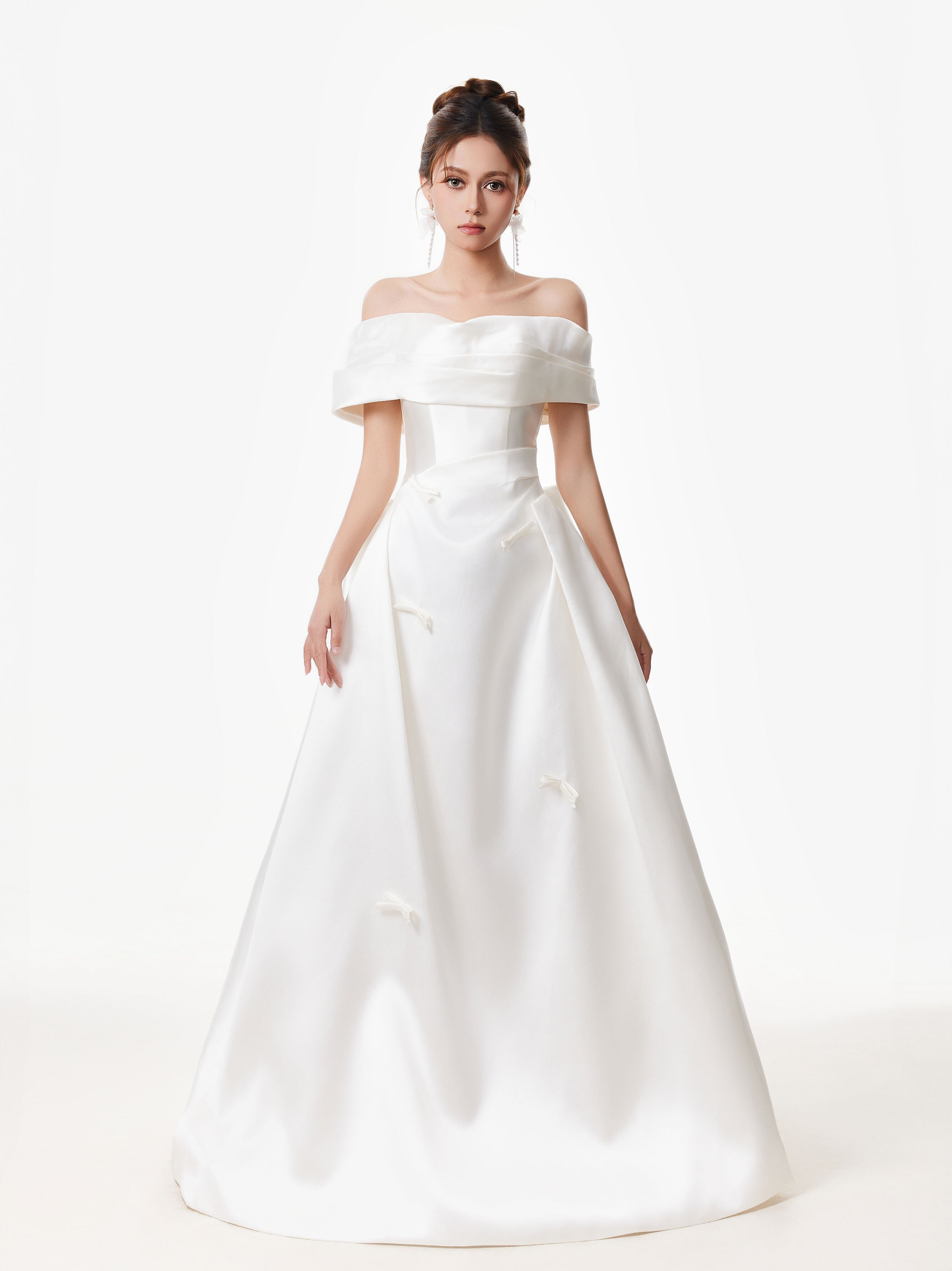Off Shoulder Satin Gown with Draped Bodice and Bow Accents