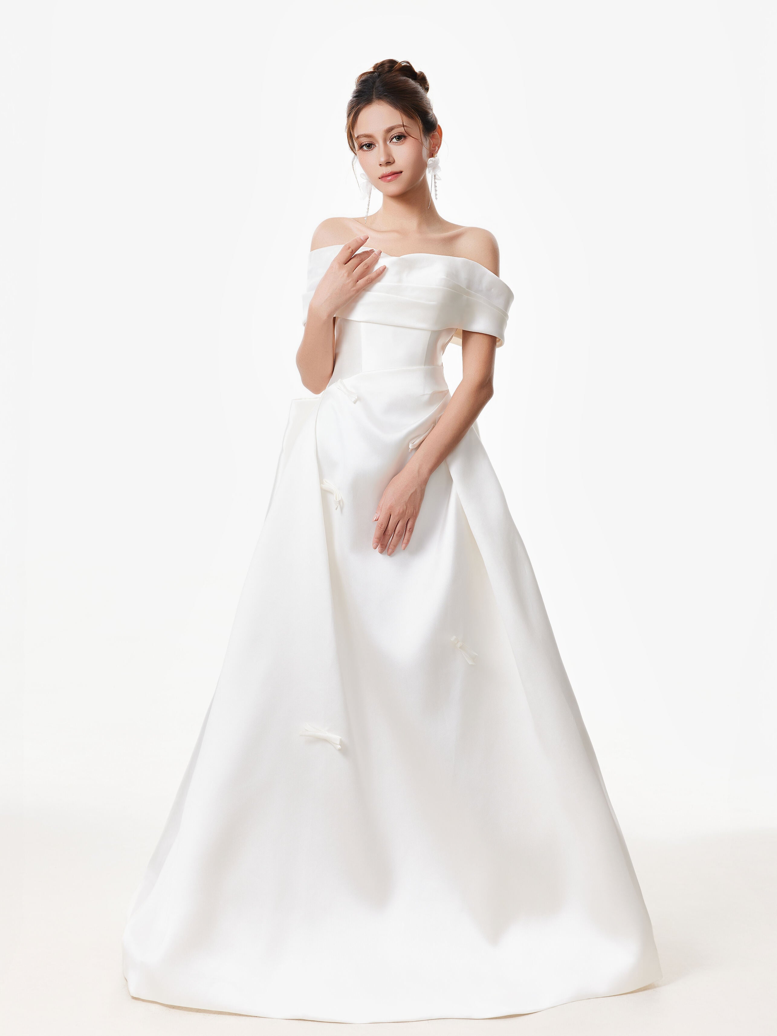 Off Shoulder Satin Gown with Draped Bodice and Bow Accents