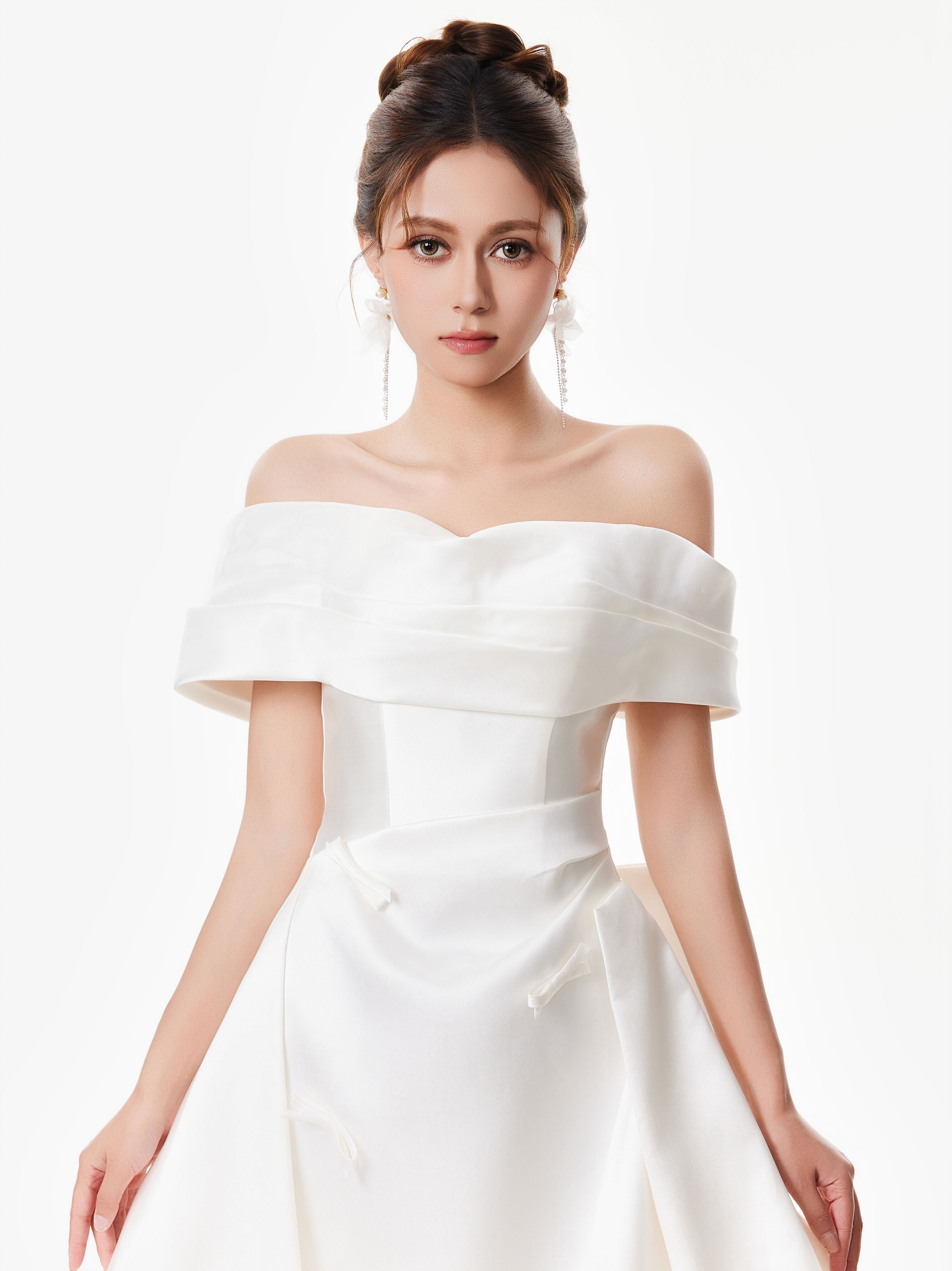 Off Shoulder Satin Gown with Draped Bodice and Bow Accents