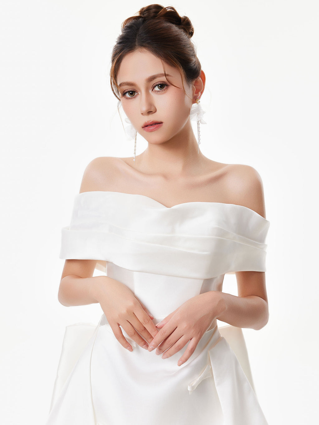 Off Shoulder Satin Gown with Draped Bodice and Bow Accents