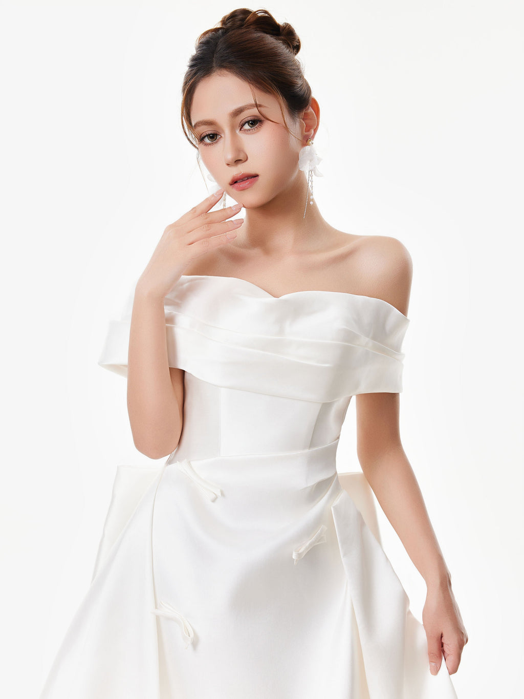 Off Shoulder Satin Gown with Draped Bodice and Bow Accents