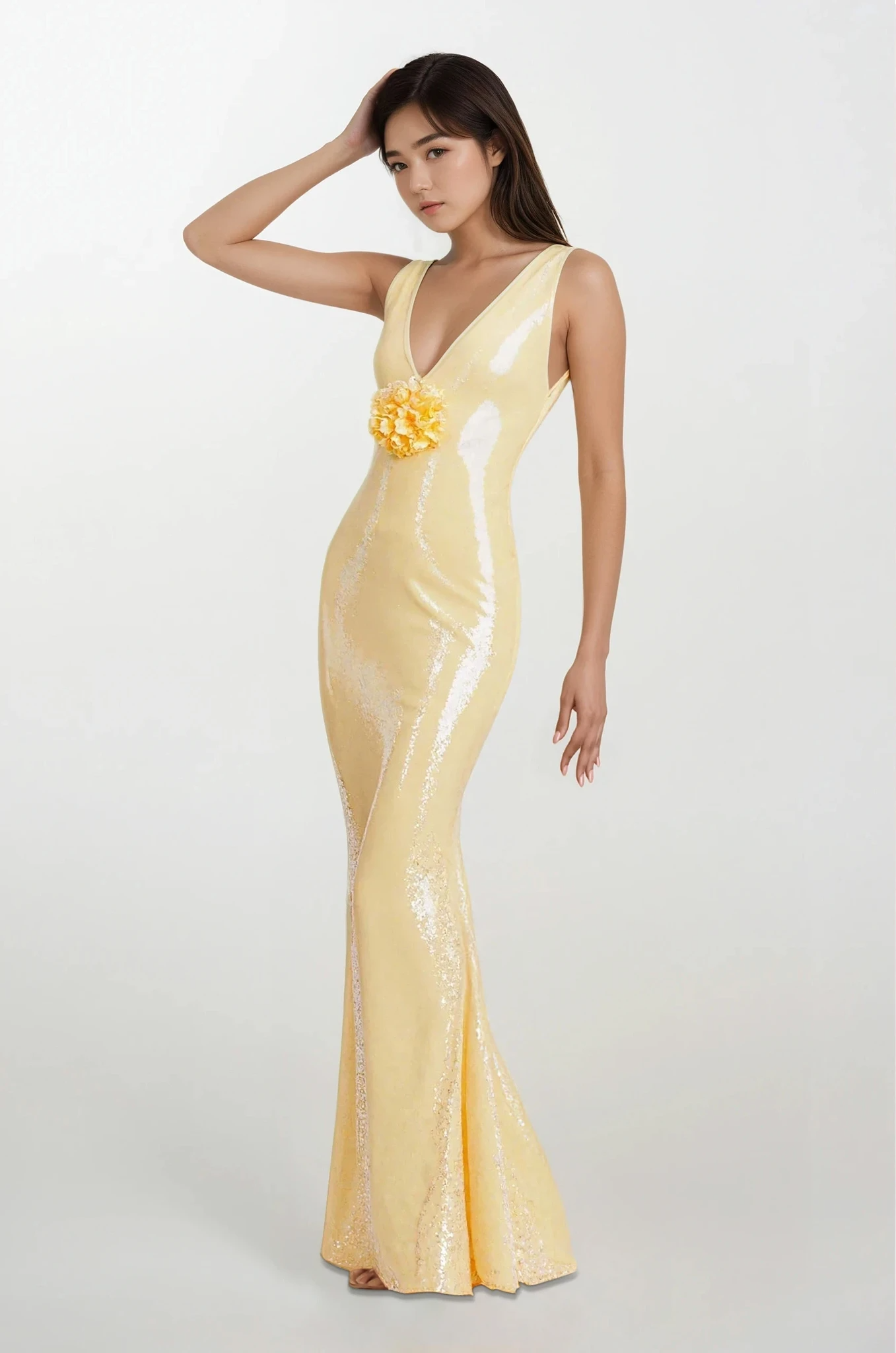 Sequin Bodycon Maxi Dress with Flower Applique Detail