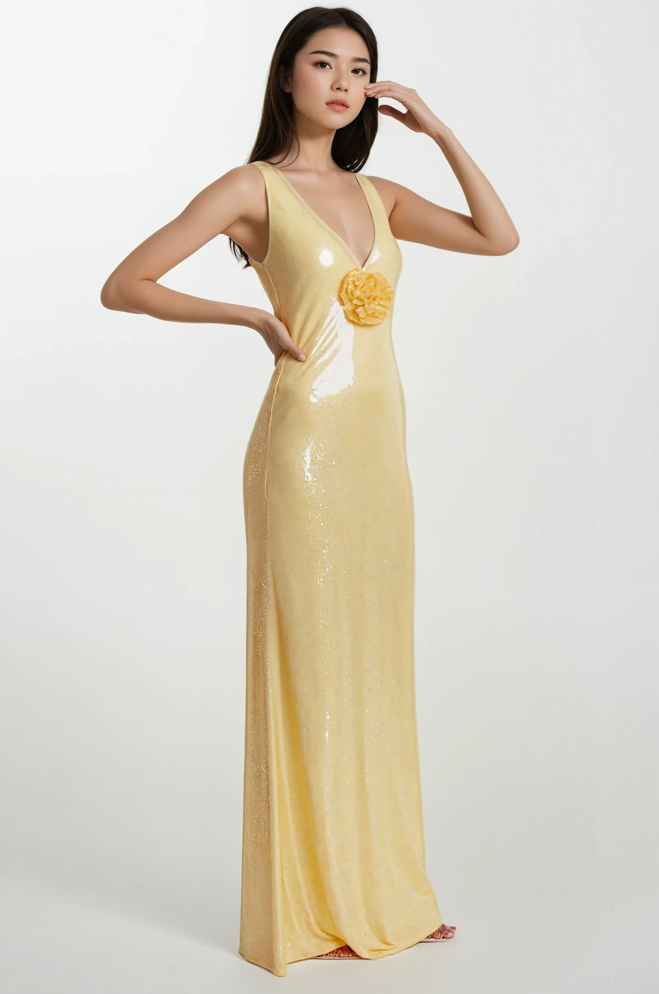 Sequin Bodycon Maxi Dress with Flower Applique Detail