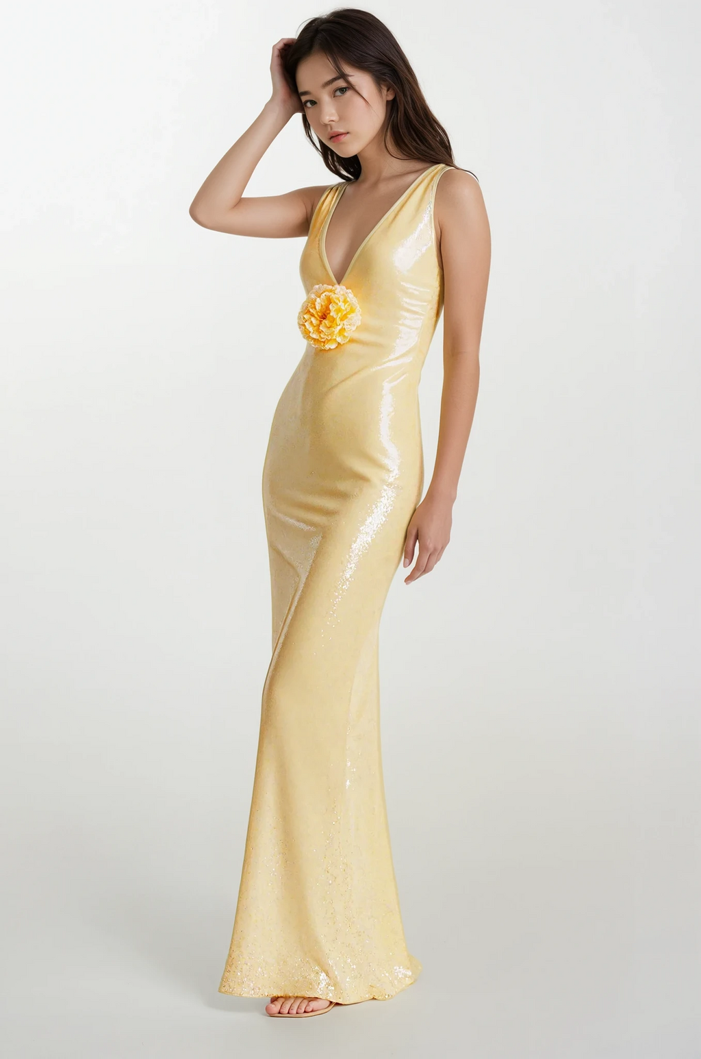 Sequin Bodycon Maxi Dress with Flower Applique Detail