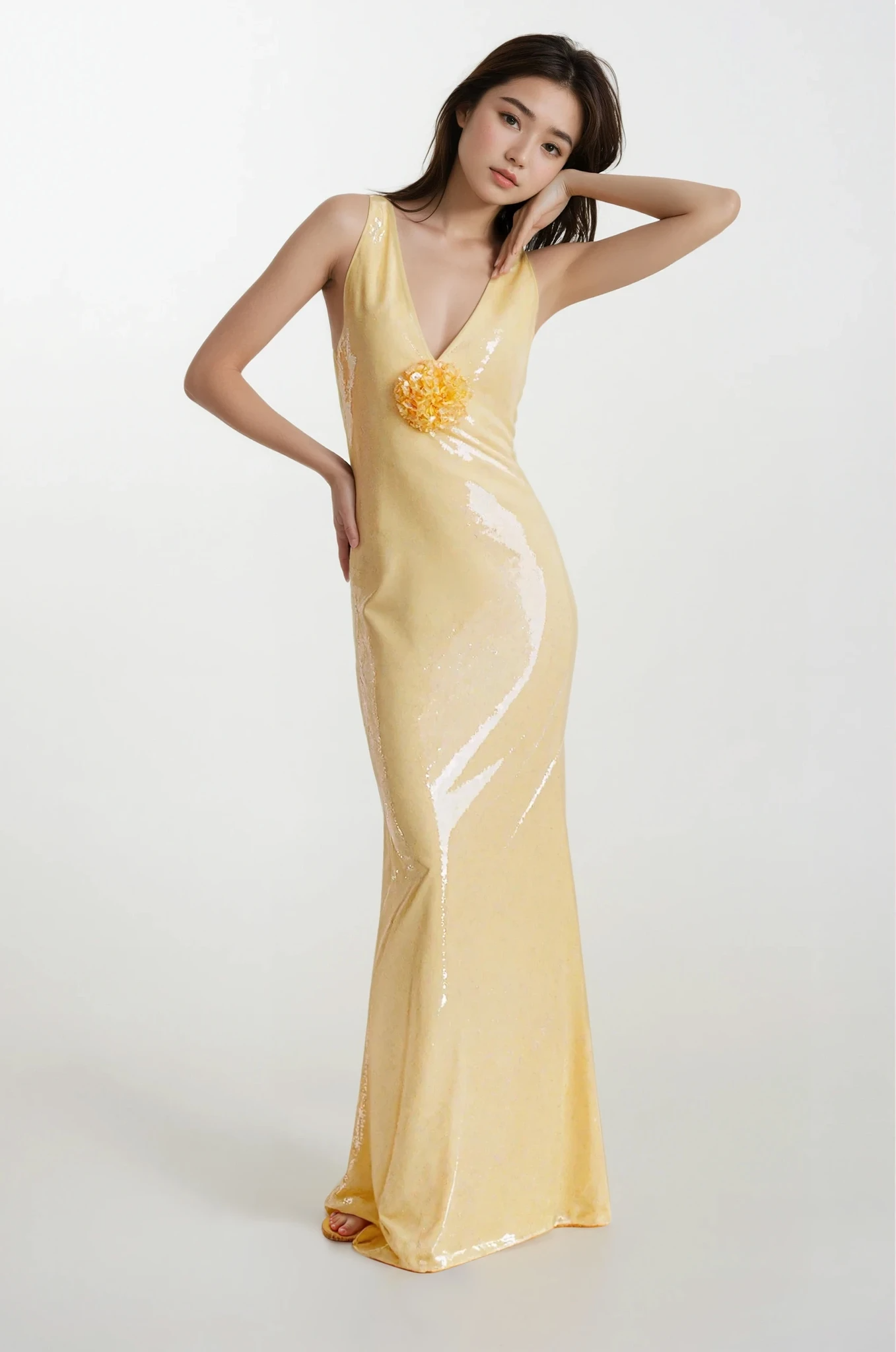 Sequin Bodycon Maxi Dress with Flower Applique Detail