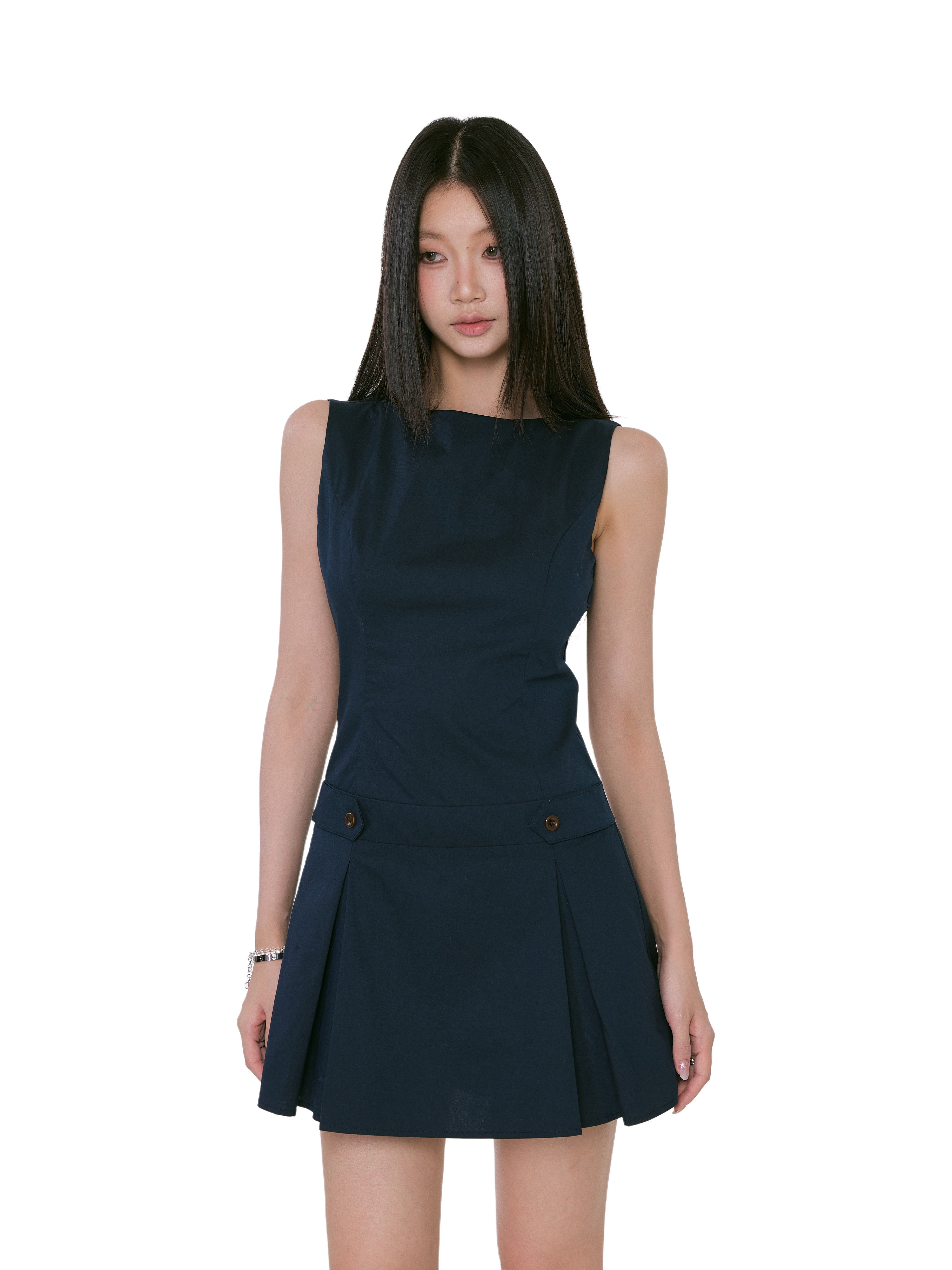 Sleeveless Pleated Mini Dress with Button Detail