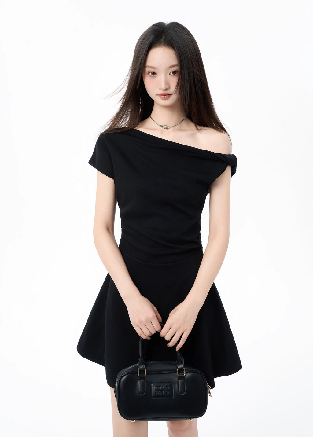 Asymmetric Off Shoulder Short Sleeve Flared Hem Mini Dress