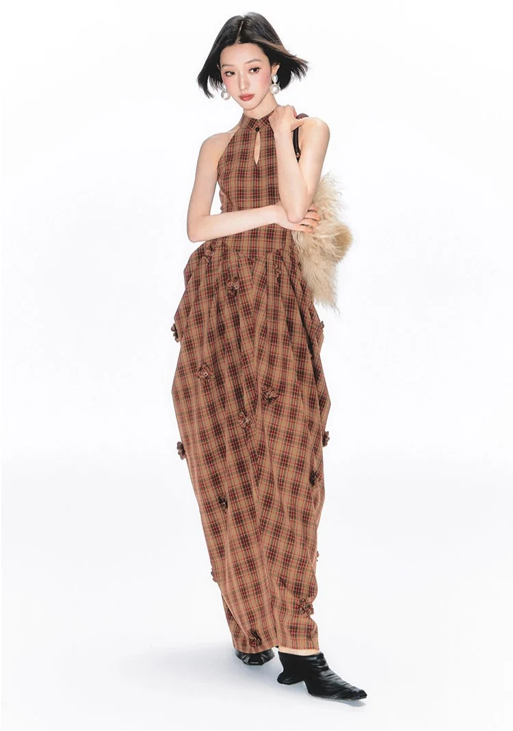 Halter Neck Plaid Maxi Dress with Ruched Details