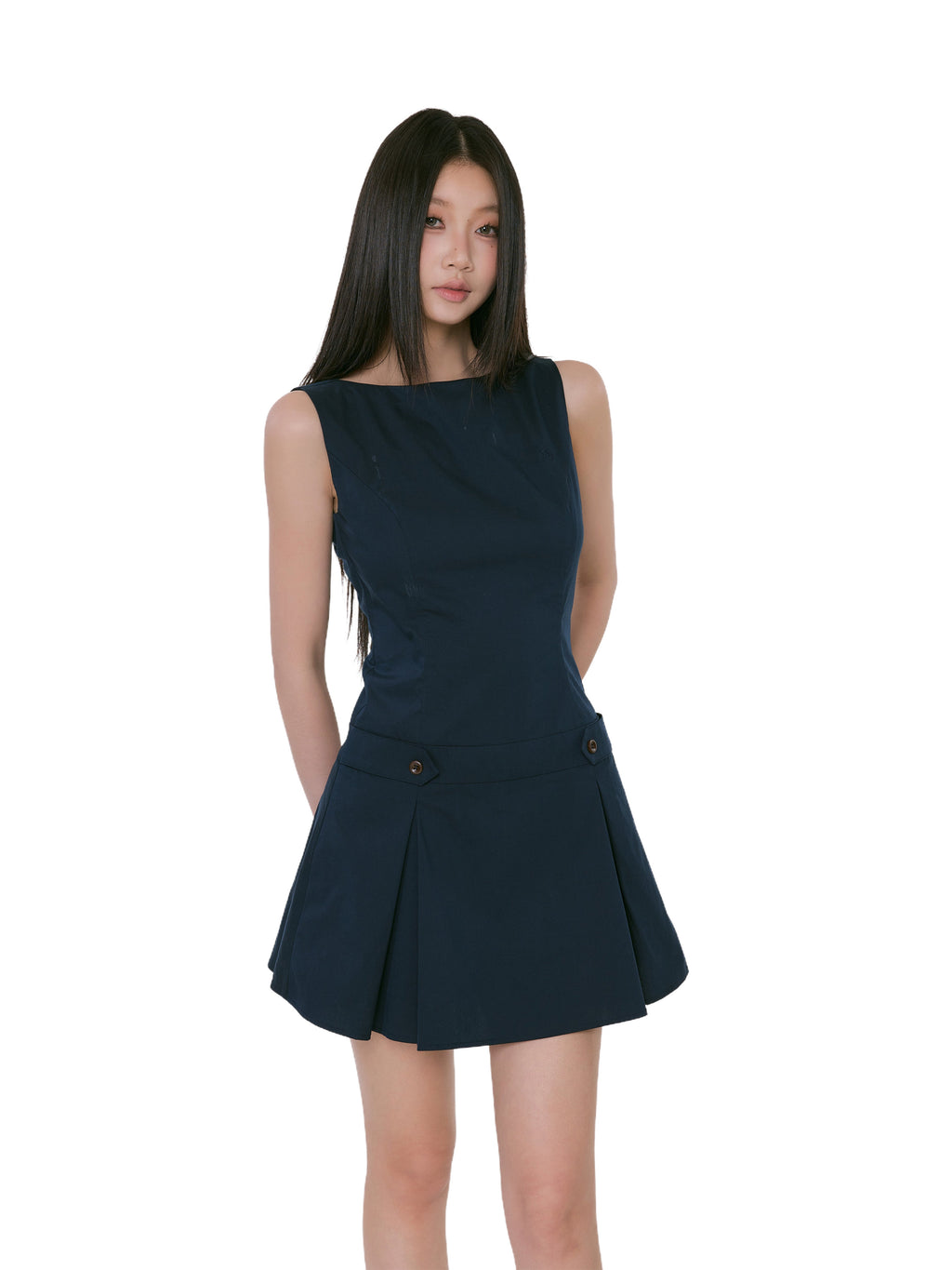 Sleeveless Pleated Mini Dress with Button Detail