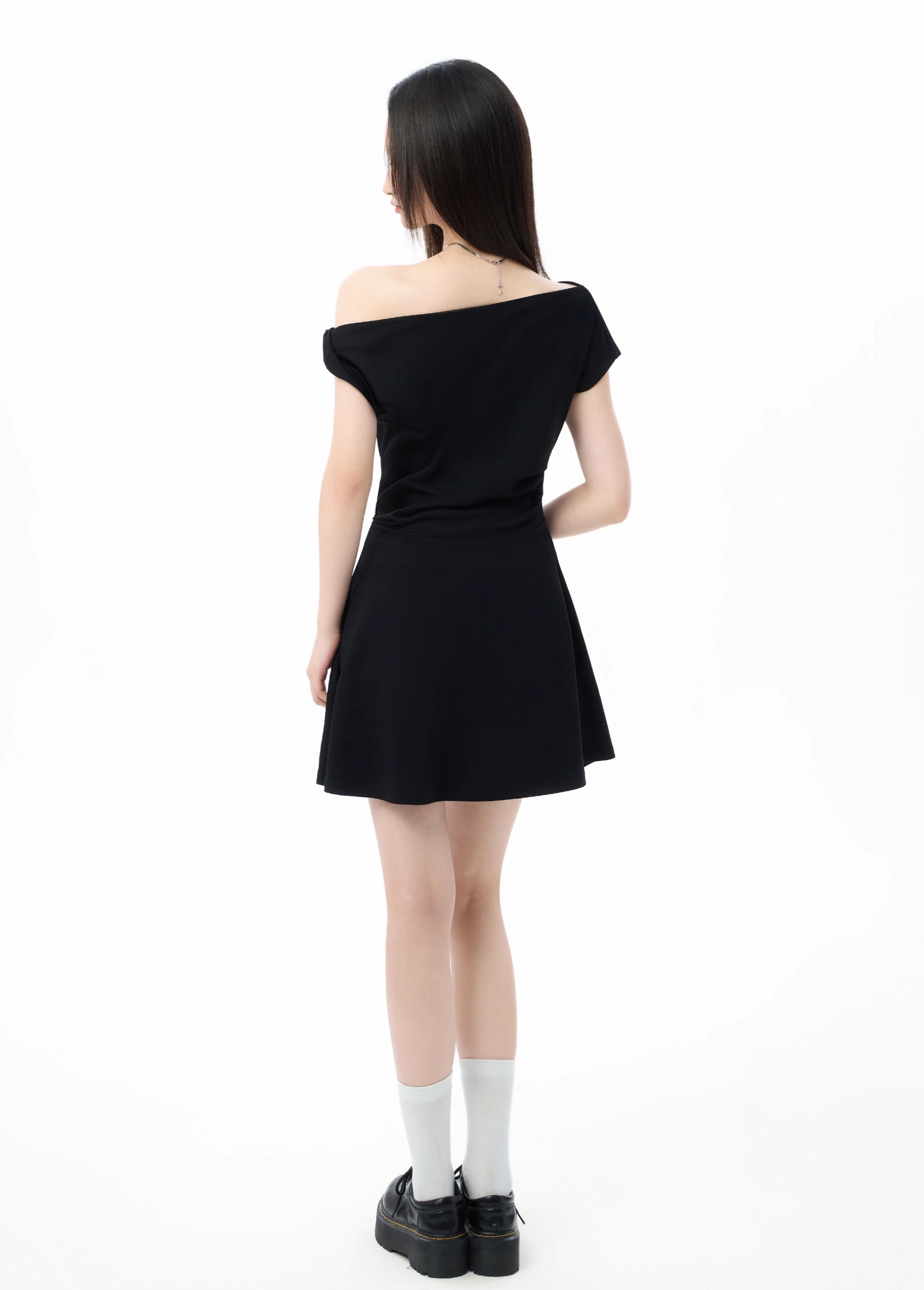 Asymmetric Off Shoulder Short Sleeve Flared Hem Mini Dress