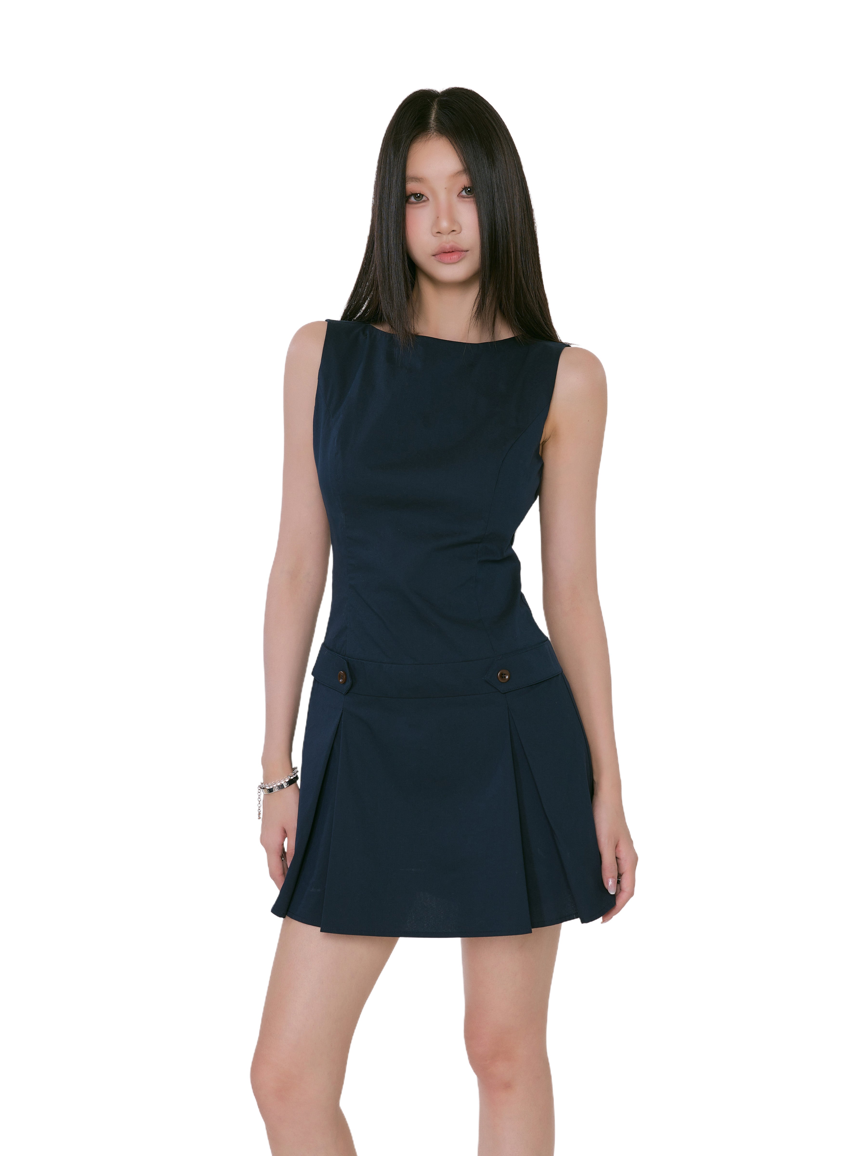 Sleeveless Pleated Mini Dress with Button Detail