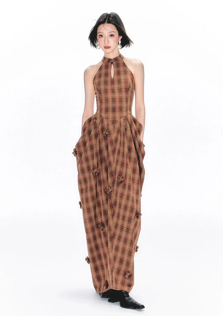 Halter Neck Plaid Maxi Dress with Ruched Details