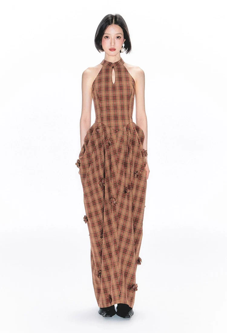 Halter Neck Plaid Maxi Dress with Ruched Details