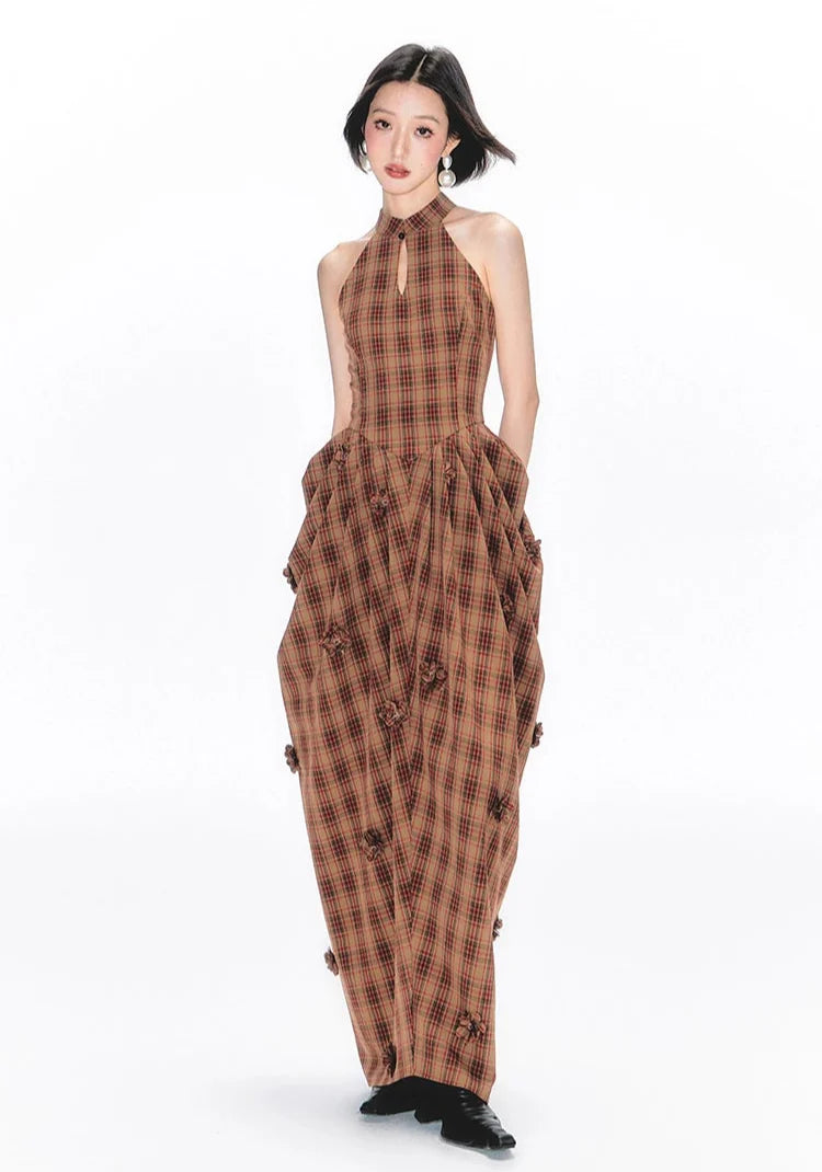 Halter Neck Plaid Maxi Dress with Ruched Details