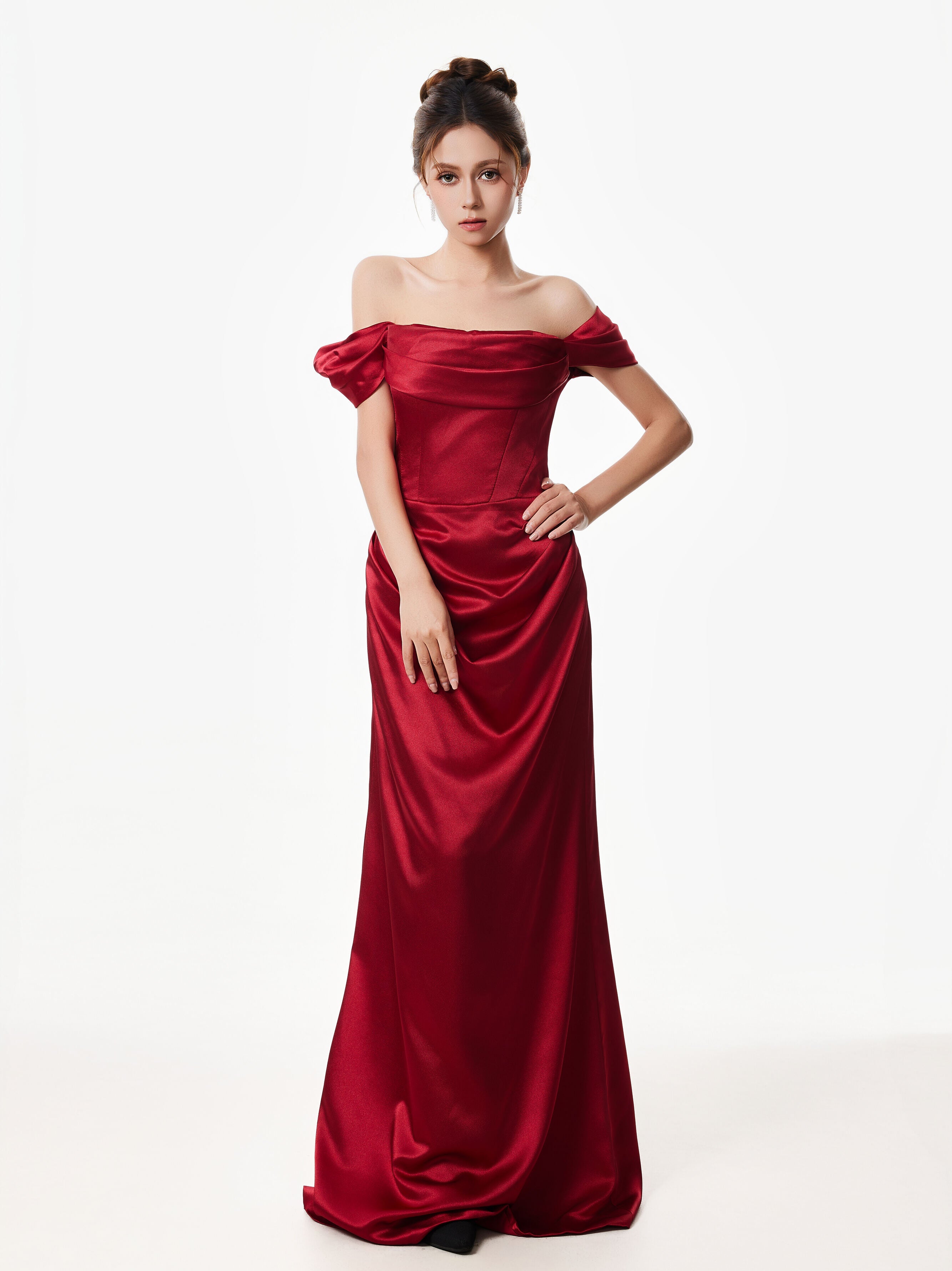 Off-Shoulder Satin Draped Corset Evening Dress