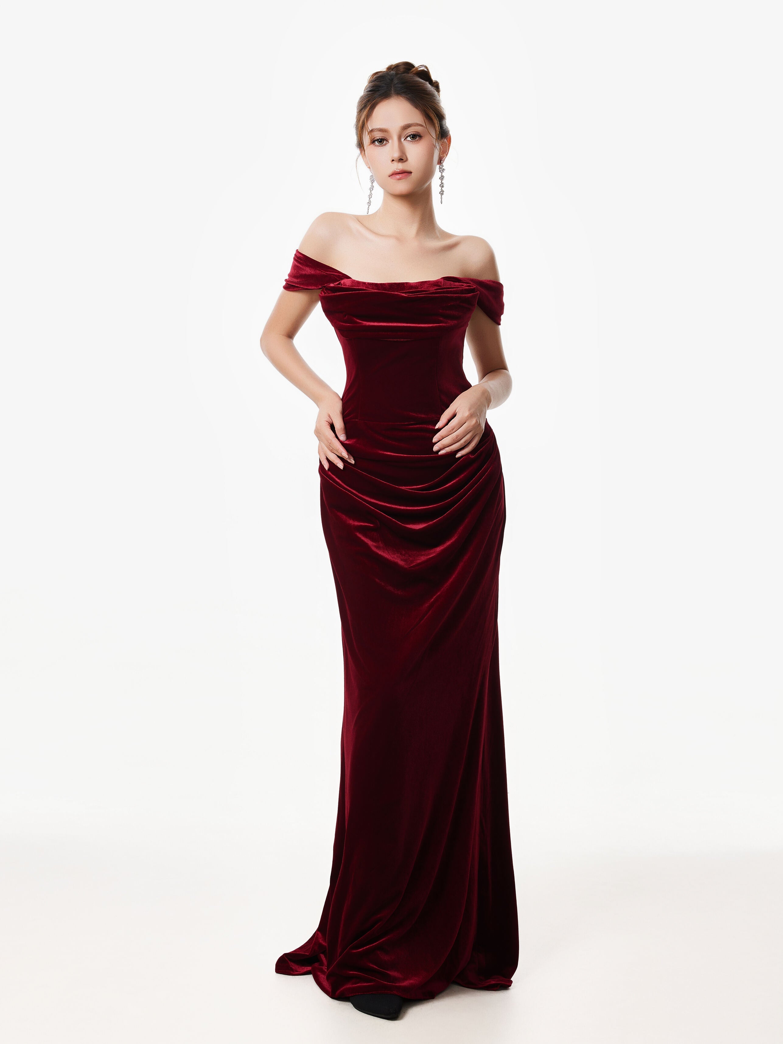 Off-Shoulder Velvet Draped Corset Evening Dress