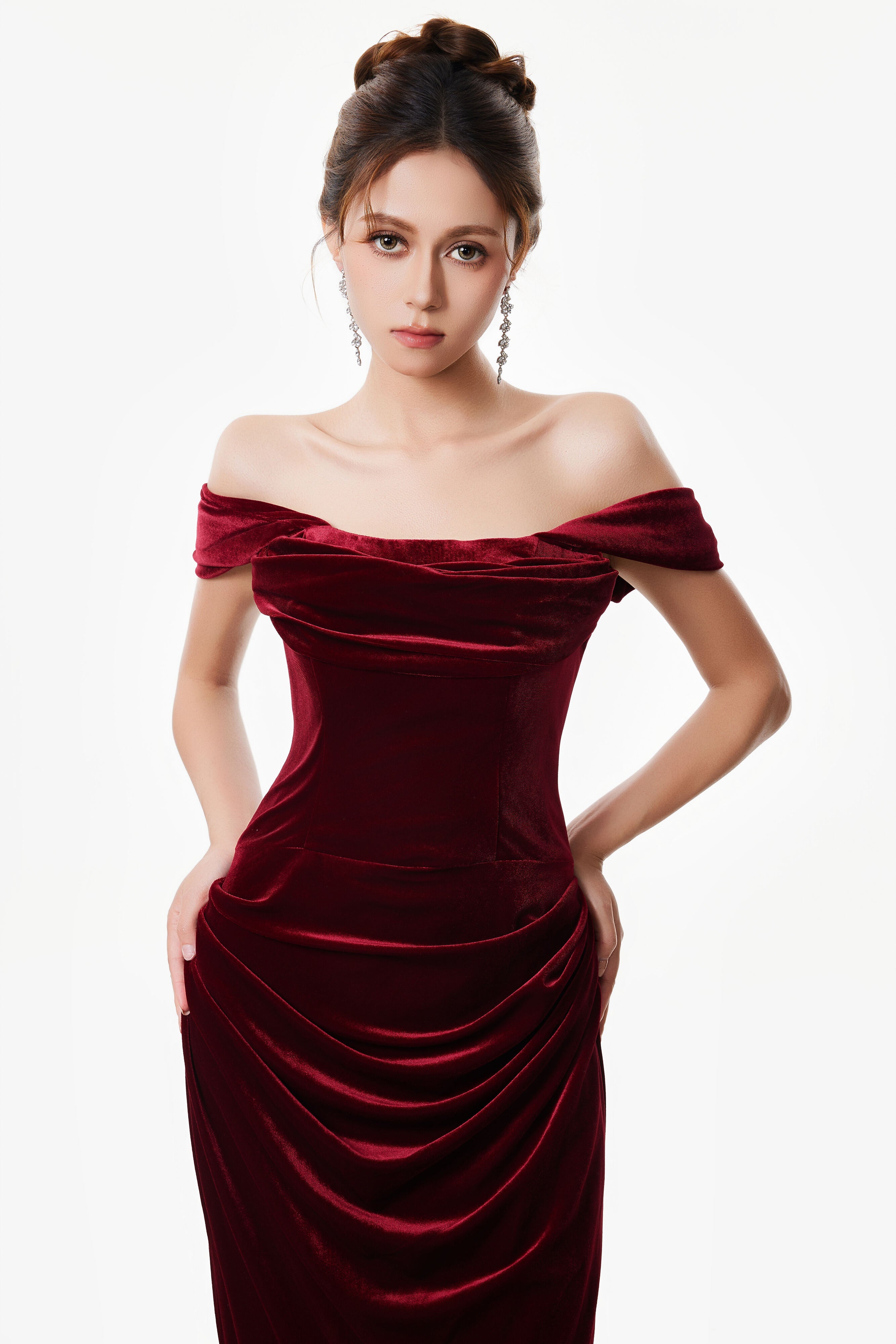 Off-Shoulder Velvet Draped Corset Evening Dress