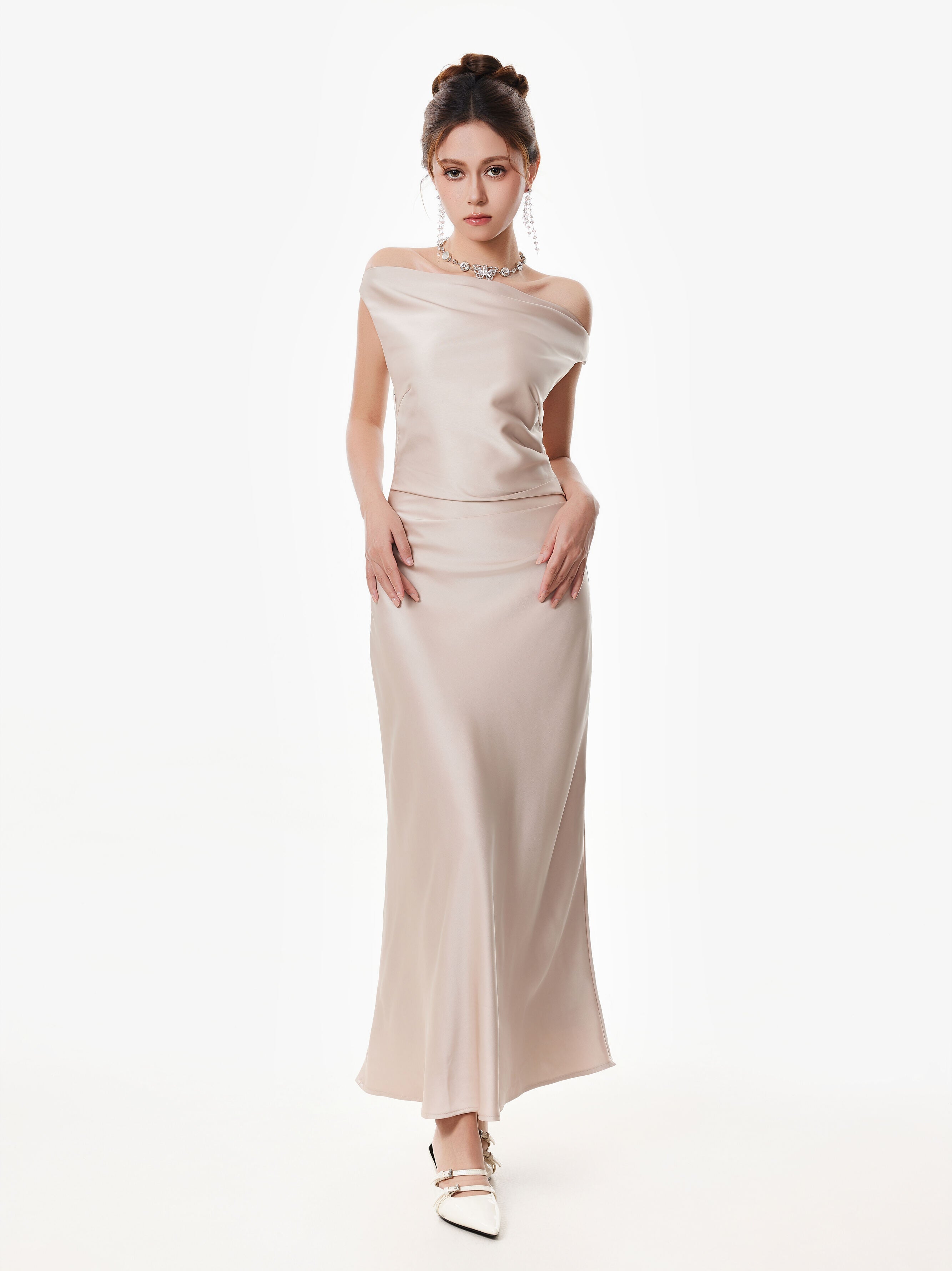 Asymmetrical One Shoulder Satin Maxi Dress