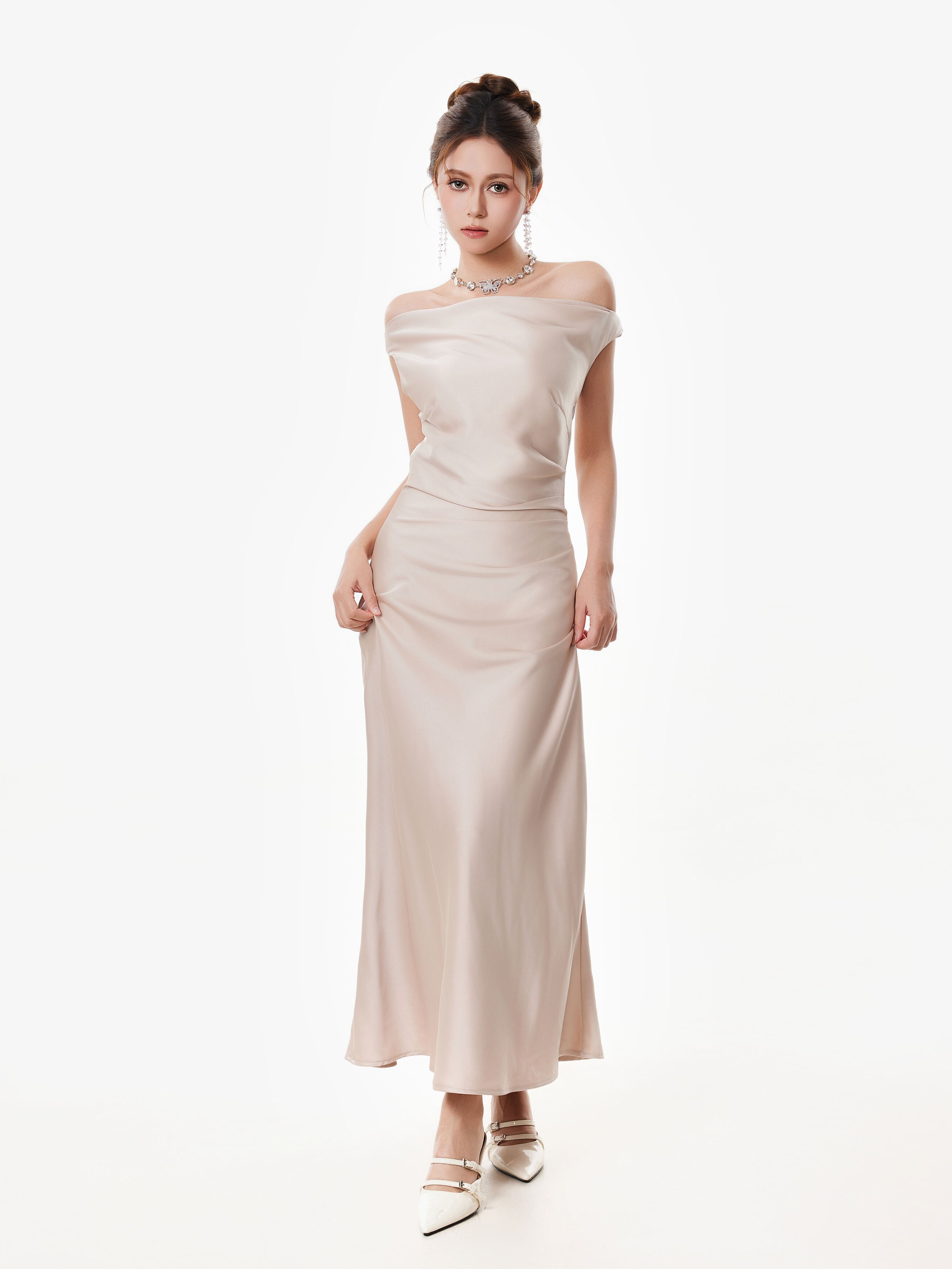 Asymmetrical One Shoulder Satin Maxi Dress